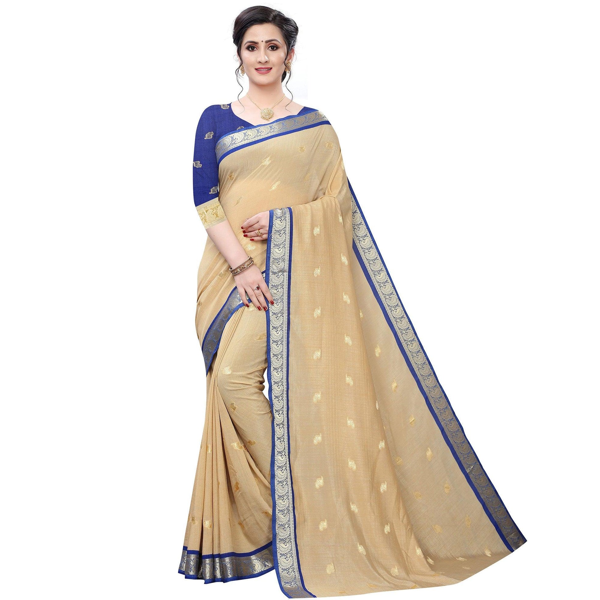 Intricate Beige Colored Festive Wear Woven Vichitra Silk Saree