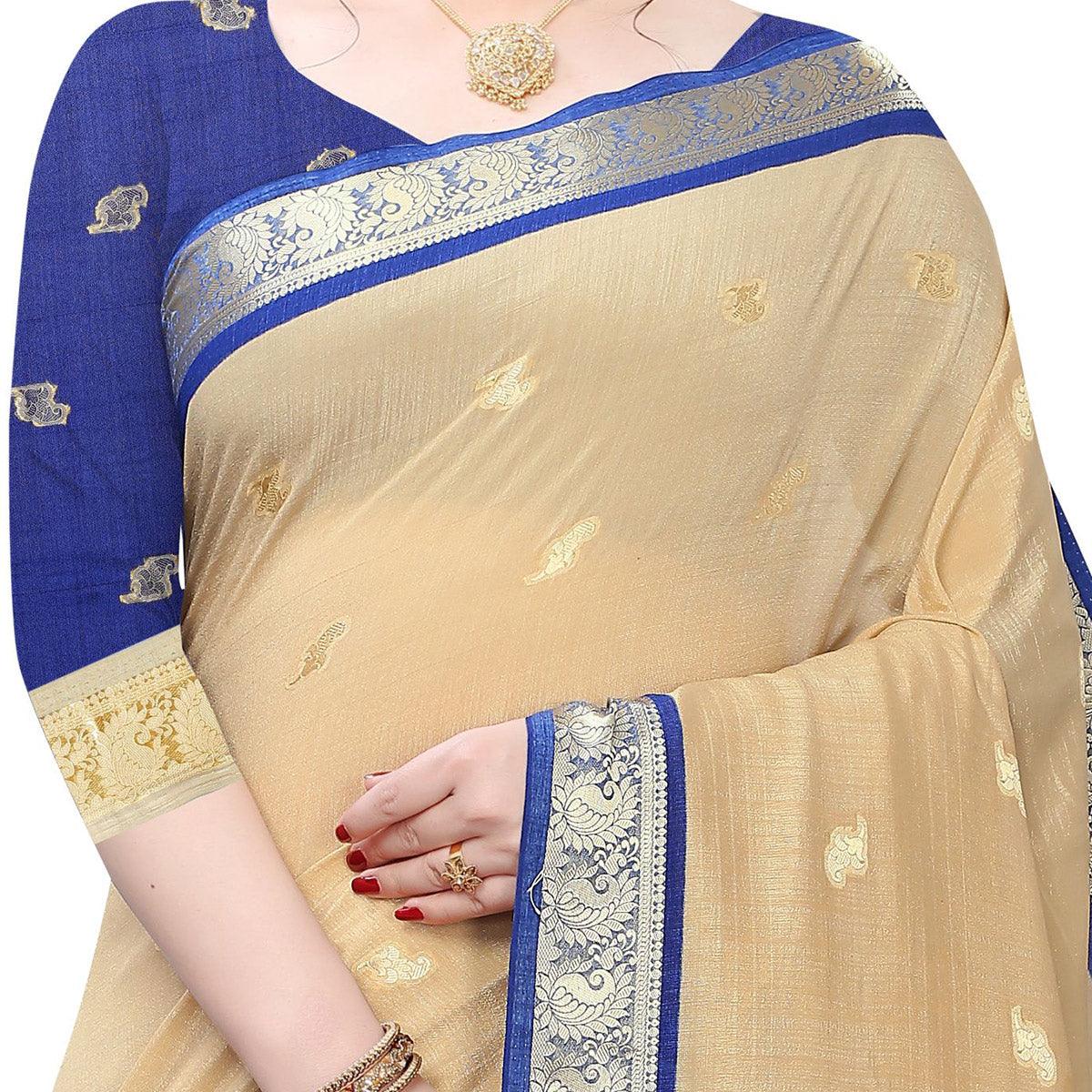 Intricate Beige Colored Festive Wear Woven Vichitra Silk Saree