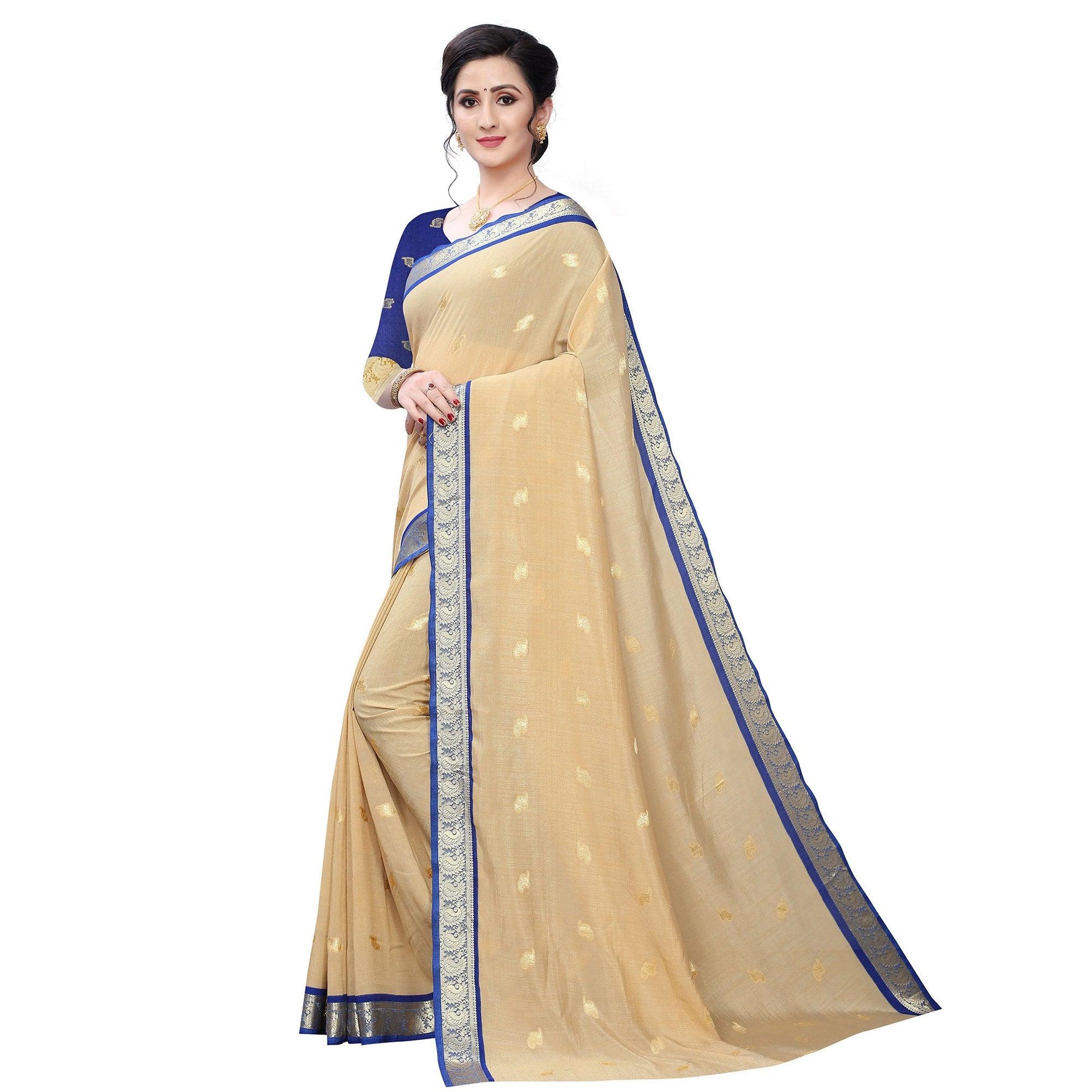 Intricate Beige Colored Festive Wear Woven Vichitra Silk Saree