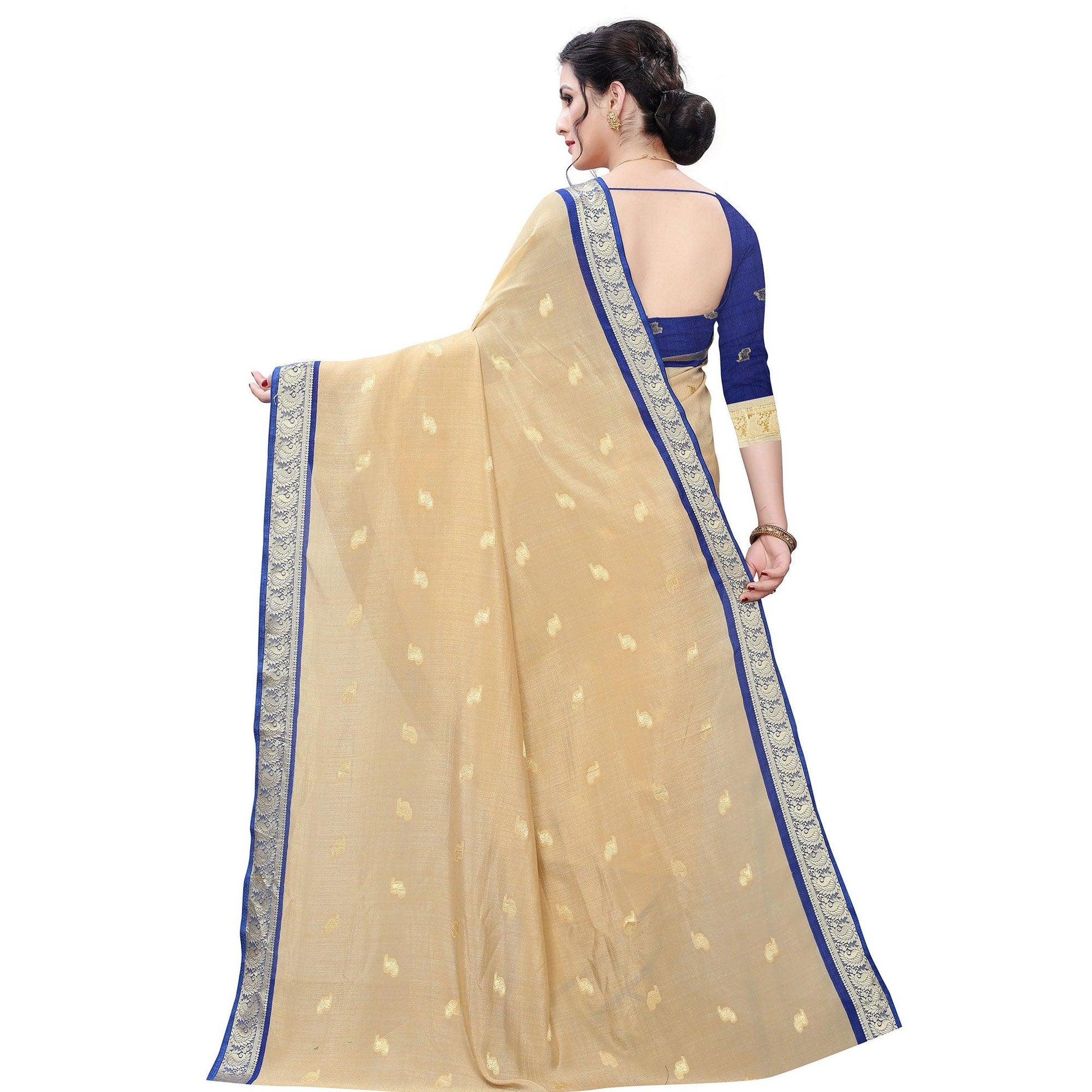 Intricate Beige Colored Festive Wear Woven Vichitra Silk Saree
