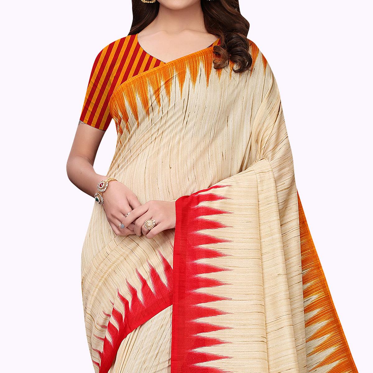 Intricate Beige - Yellow Colored Casual Wear Printed Art Silk Saree