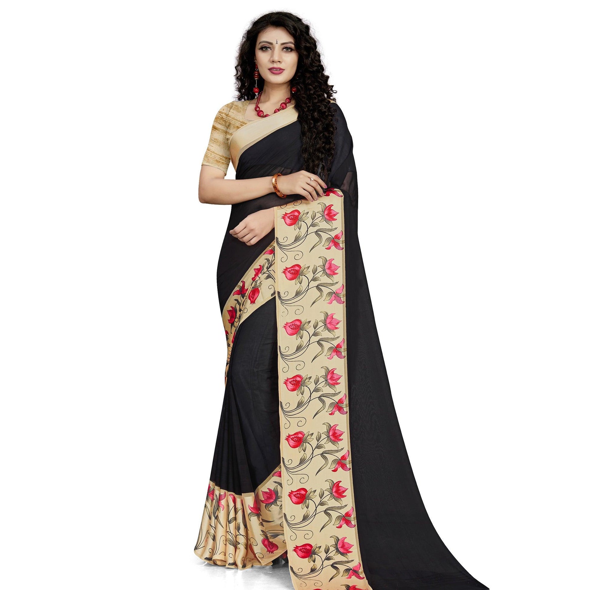 Intricate Black Colored Casual Wear Printed Georgette Saree