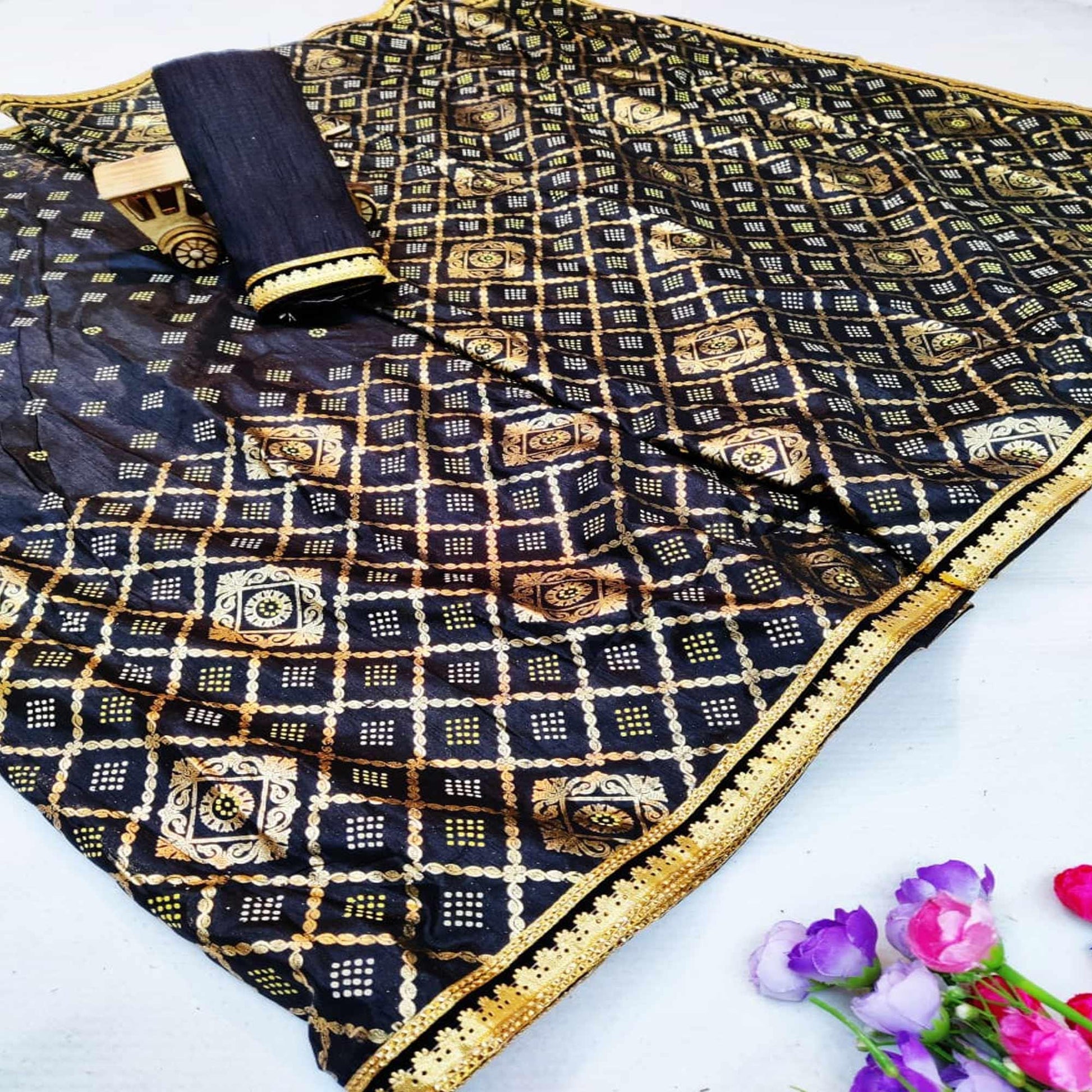 Intricate Black Colored Festive Wear Foil Printed Dola Silk Saree