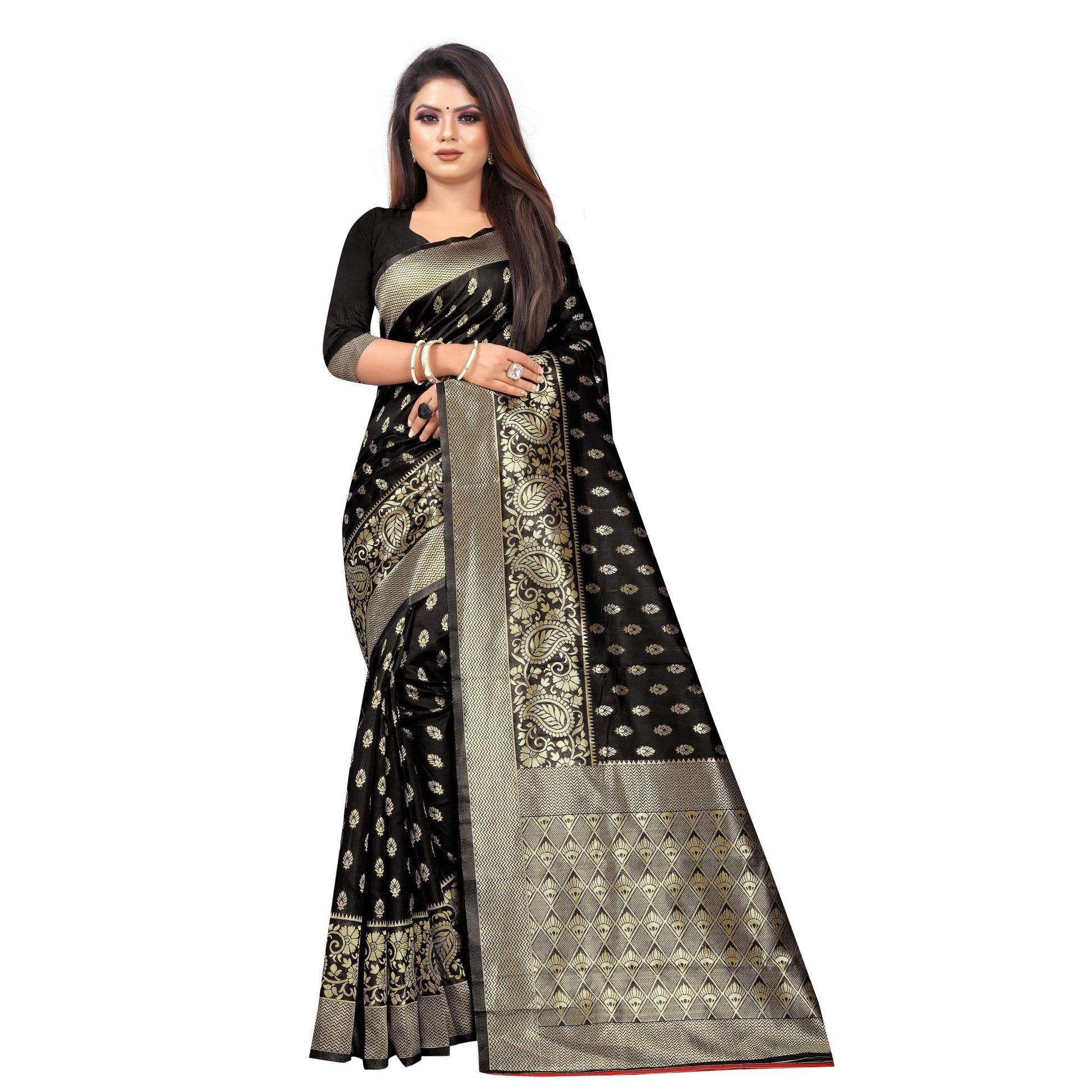 Intricate Black Colored Festive Wear Woven Lichi Silk Saree