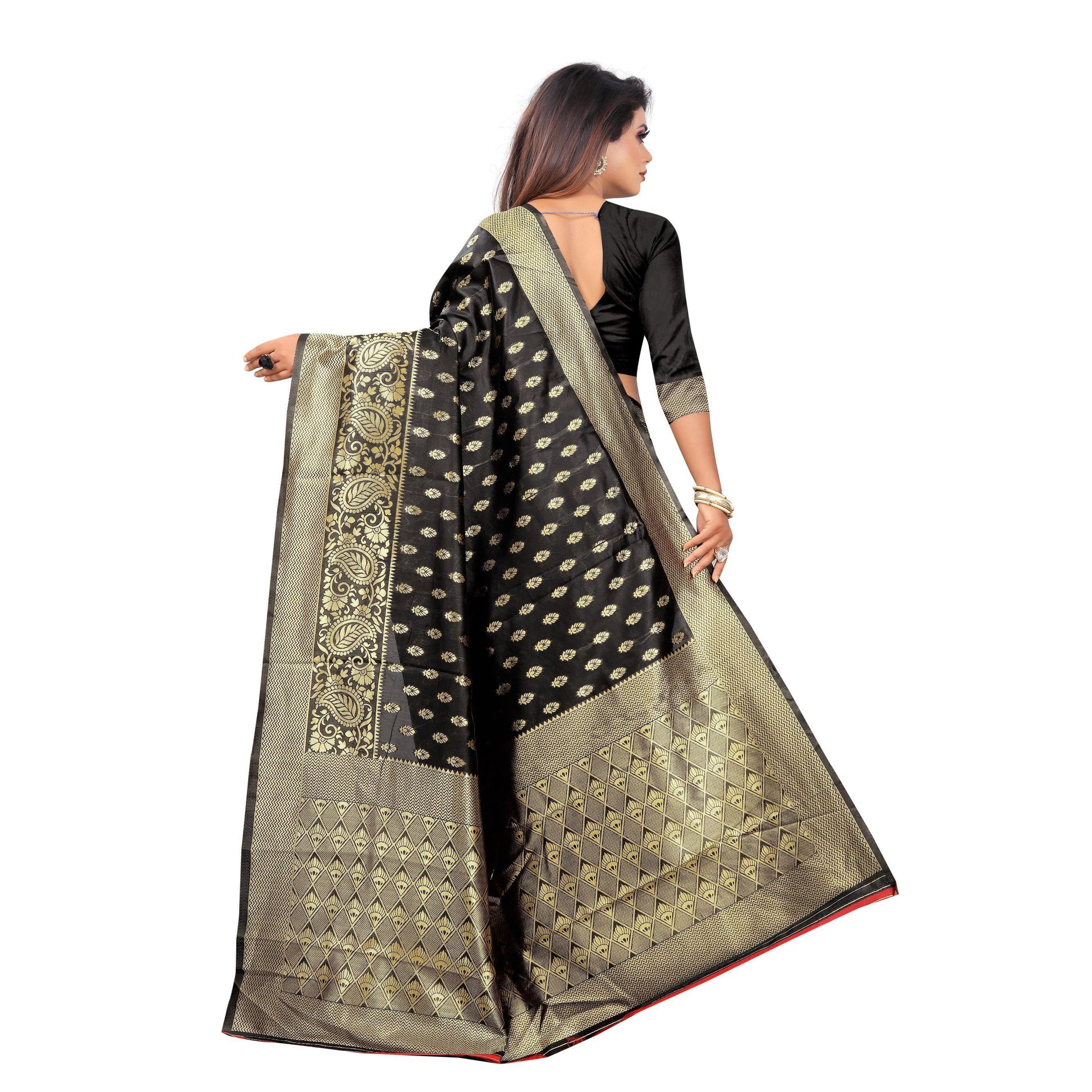 Intricate Black Colored Festive Wear Woven Lichi Silk Saree