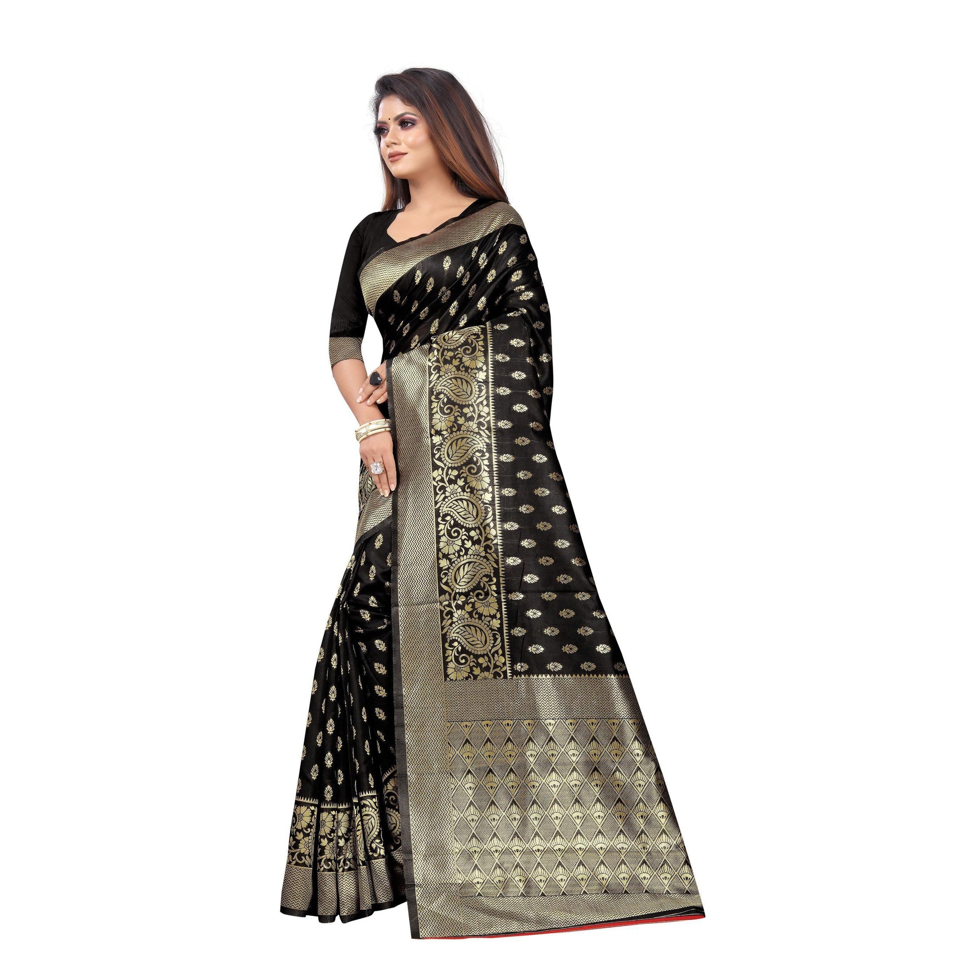 Intricate Black Colored Festive Wear Woven Lichi Silk Saree