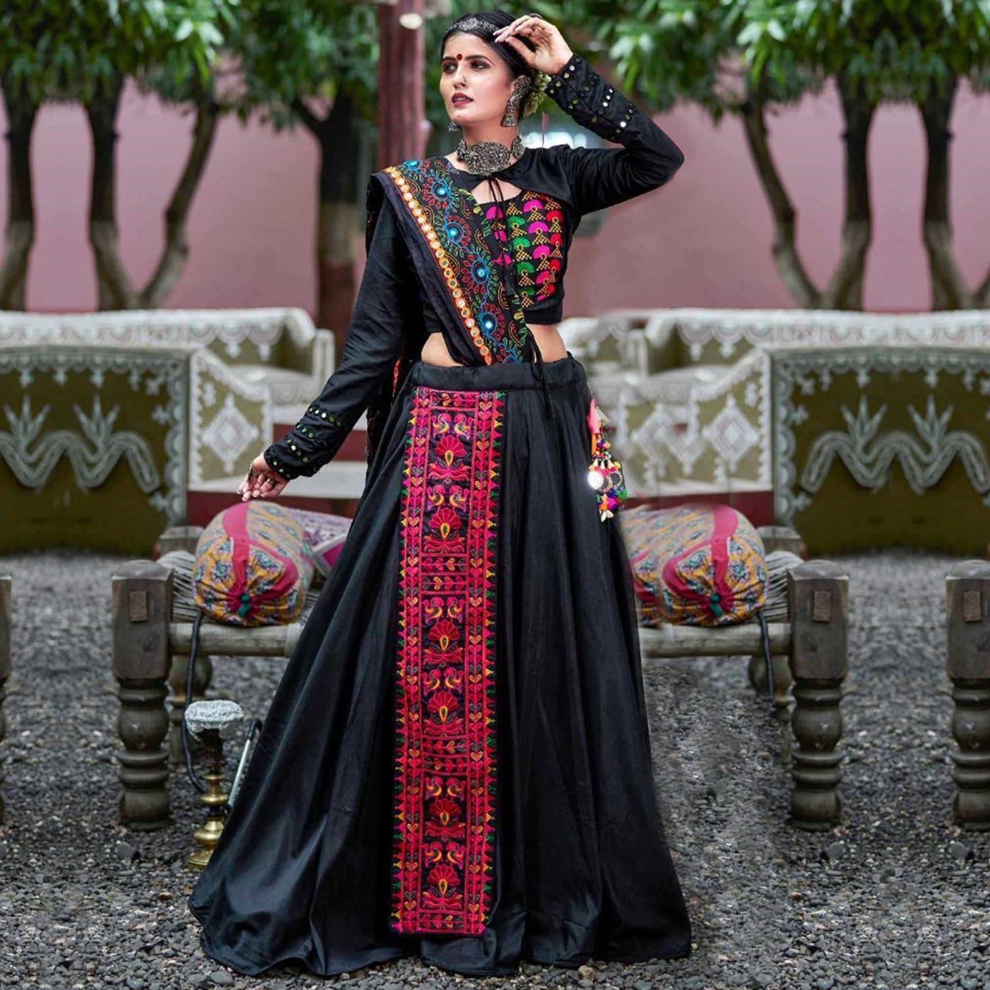 Intricate Black Colored Party Wear Embroidered Soft Cotton Navratri Lehenga Choli