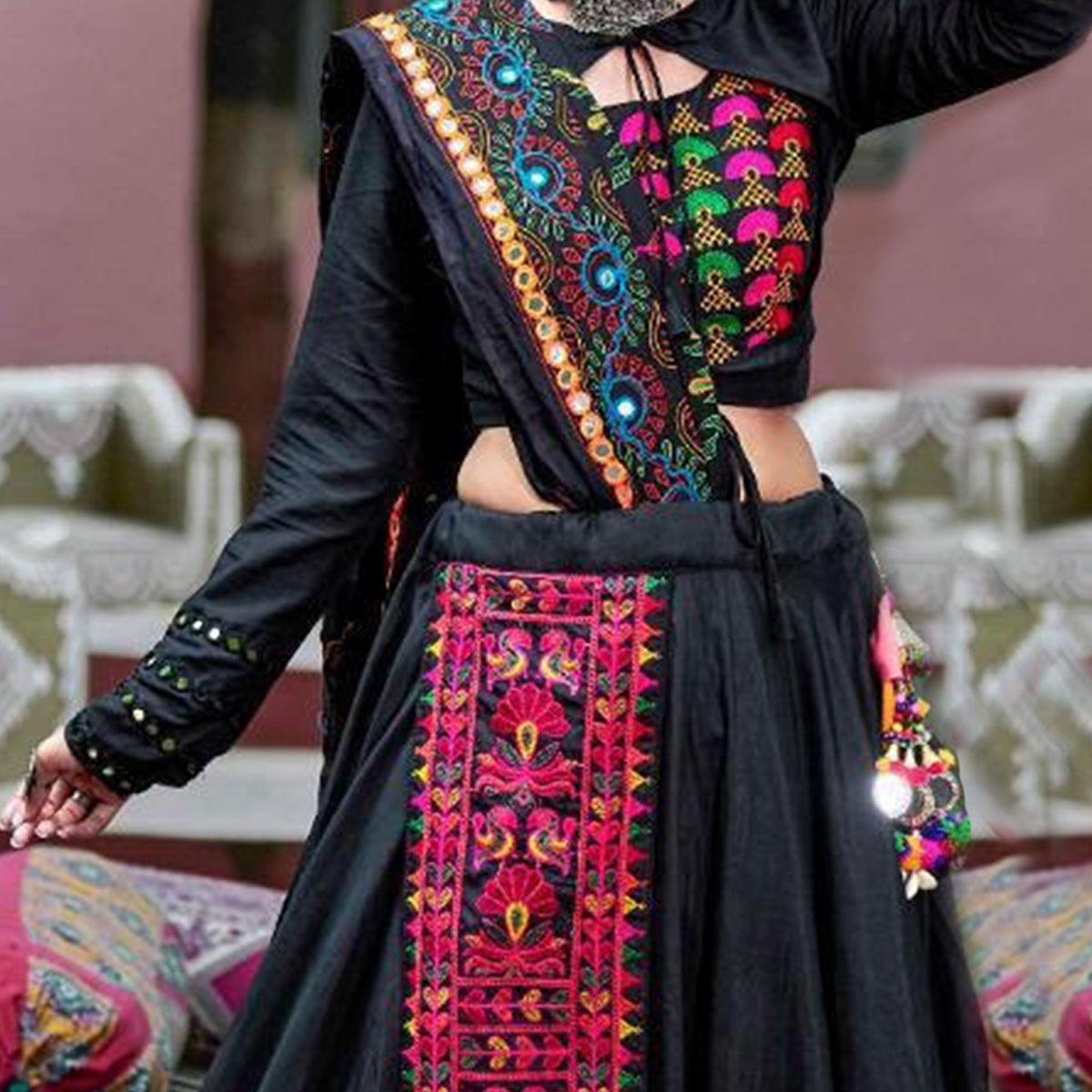 Intricate Black Colored Party Wear Embroidered Soft Cotton Navratri Lehenga Choli