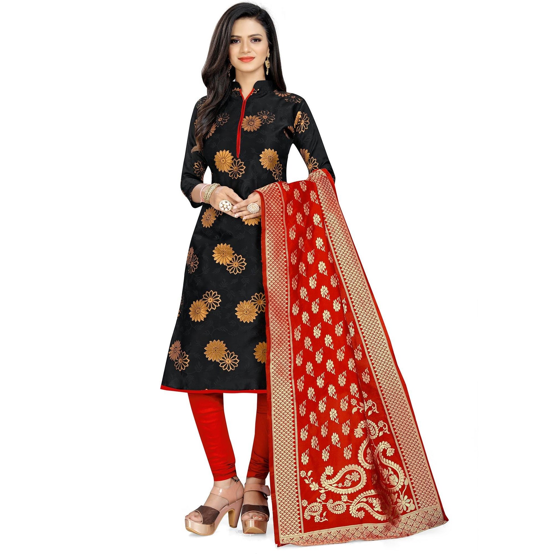 Intricate Black Colored Party Wear Woven Banarasi Silk Dress Material
