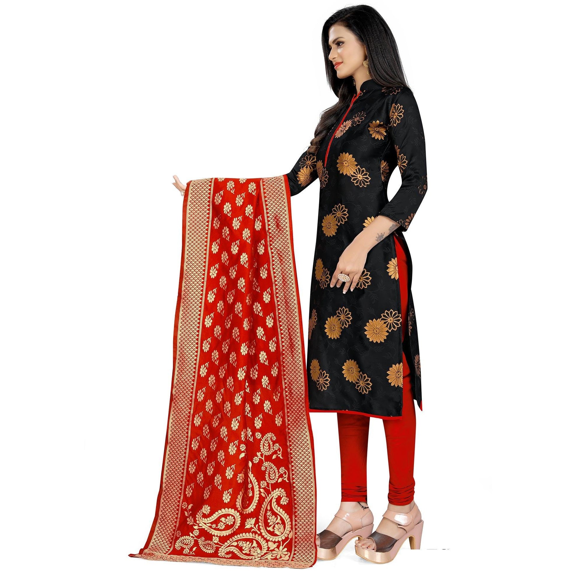Intricate Black Colored Party Wear Woven Banarasi Silk Dress Material