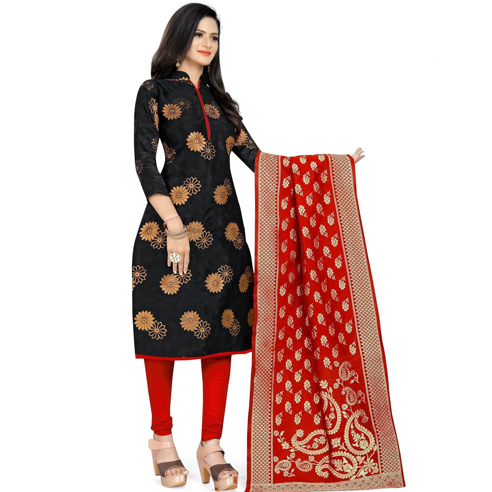 Intricate Black Colored Party Wear Woven Banarasi Silk Dress Material