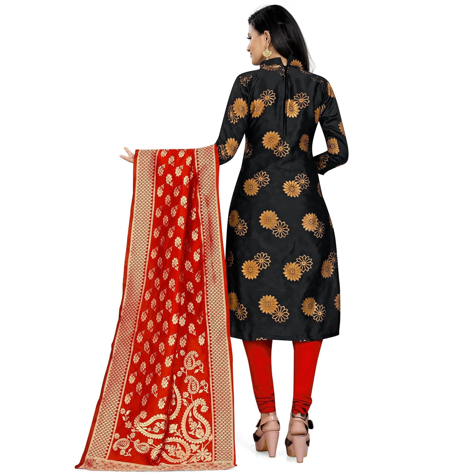 Intricate Black Colored Party Wear Woven Banarasi Silk Dress Material