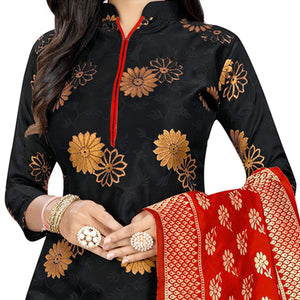 Intricate Black Colored Party Wear Woven Banarasi Silk Dress Material