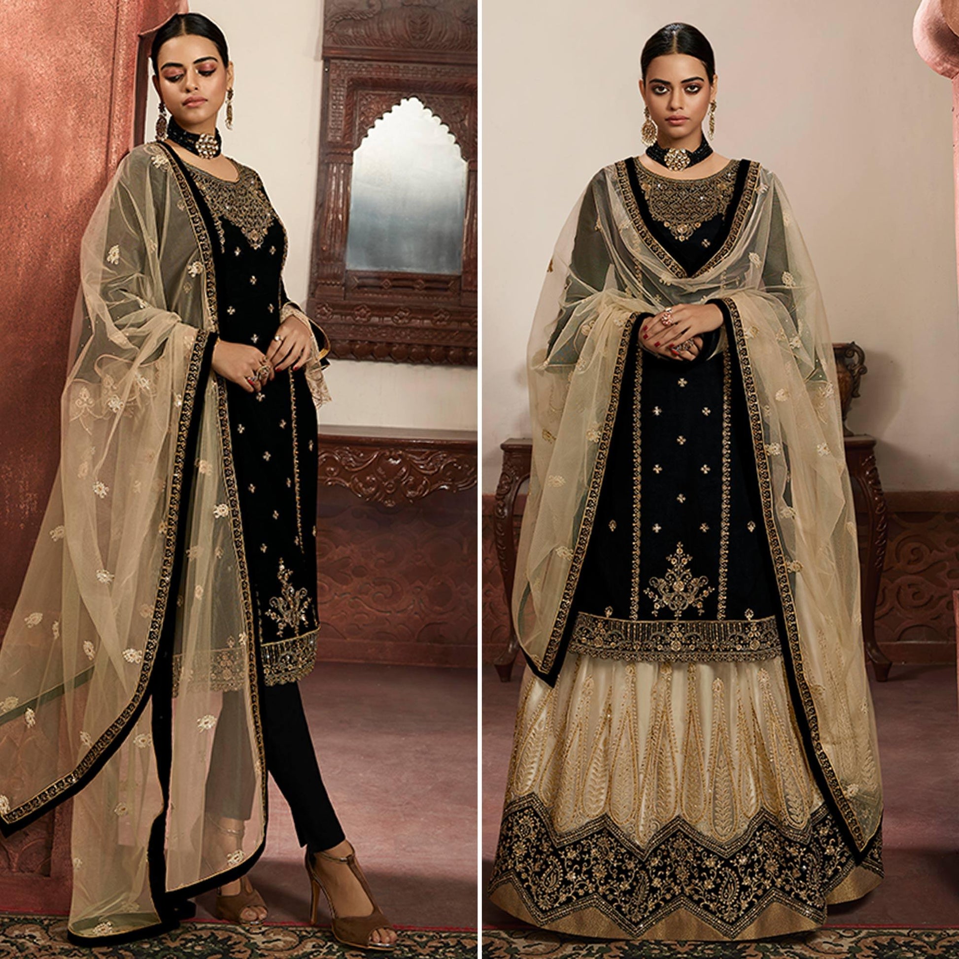 Intricate Black Colored Partywear Embroidered Georgette Dual Bottom Suit