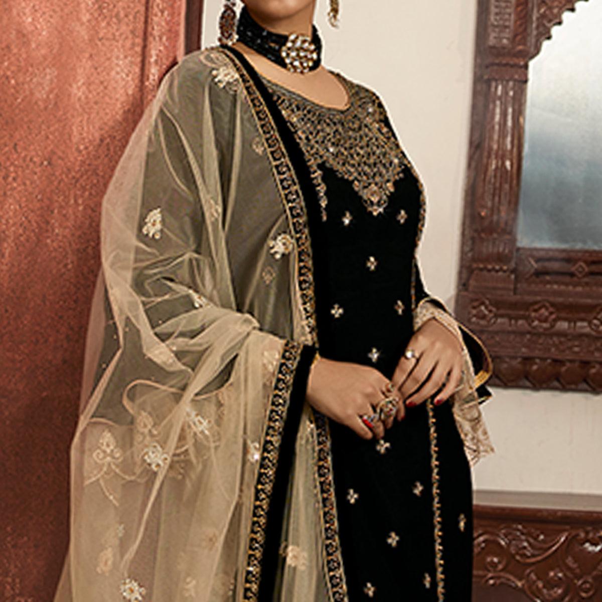 Intricate Black Colored Partywear Embroidered Georgette Dual Bottom Suit
