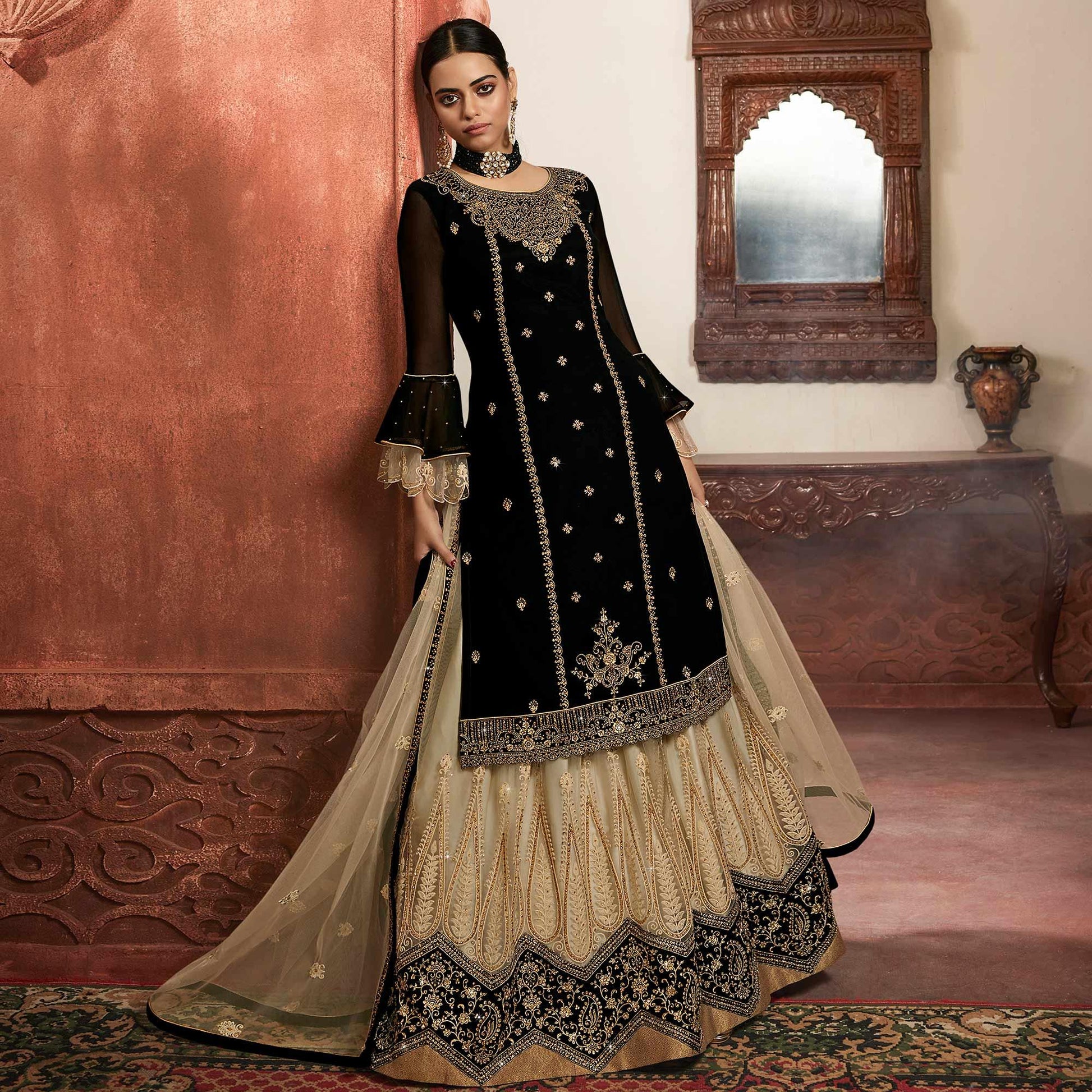 Intricate Black Colored Partywear Embroidered Georgette Dual Bottom Suit