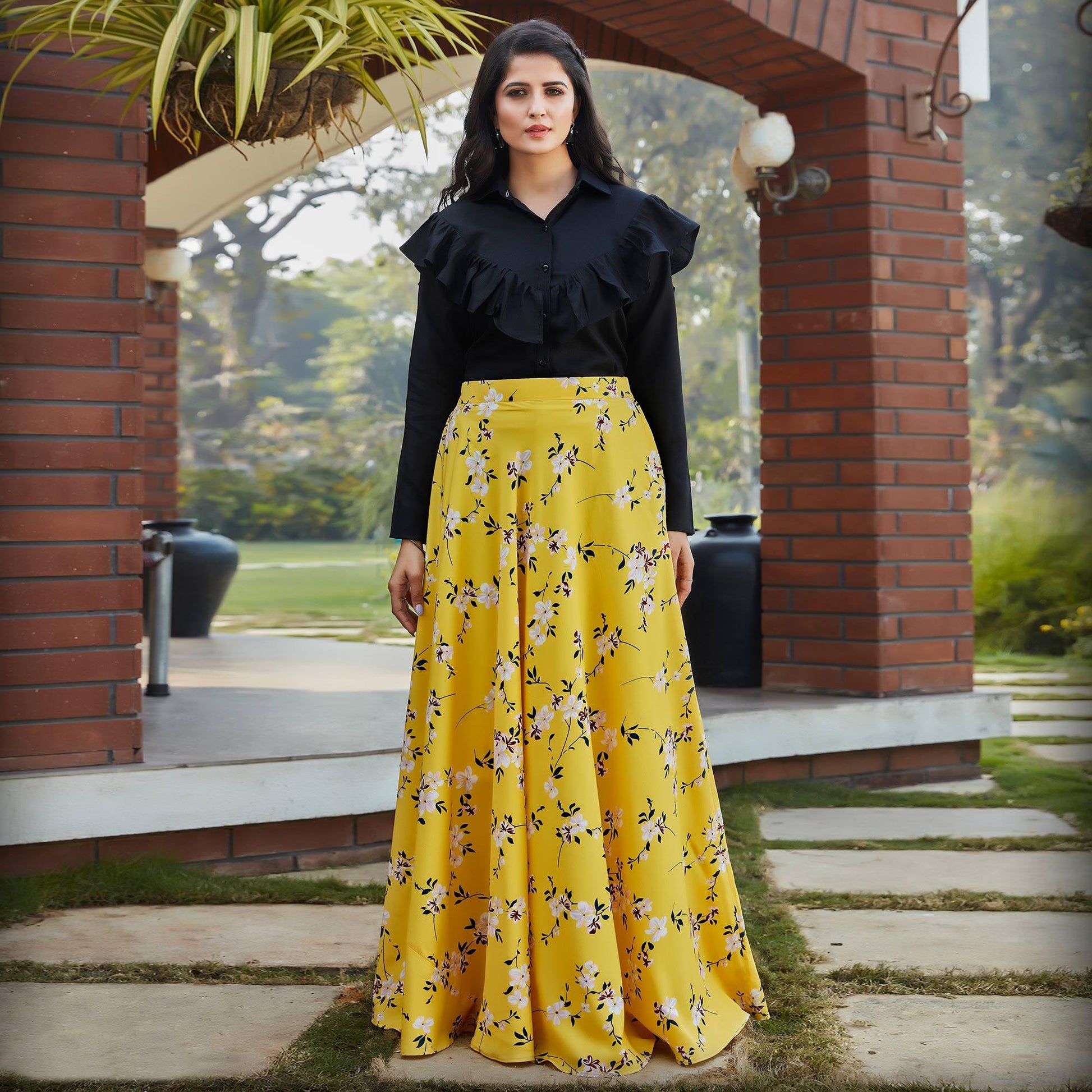 Intricate Black - Yellow Colored Casual Wear Printed Western Crop Top - Skirt Set