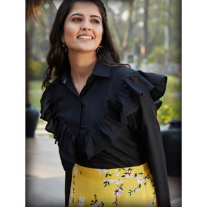 Intricate Black - Yellow Colored Casual Wear Printed Western Crop Top - Skirt Set