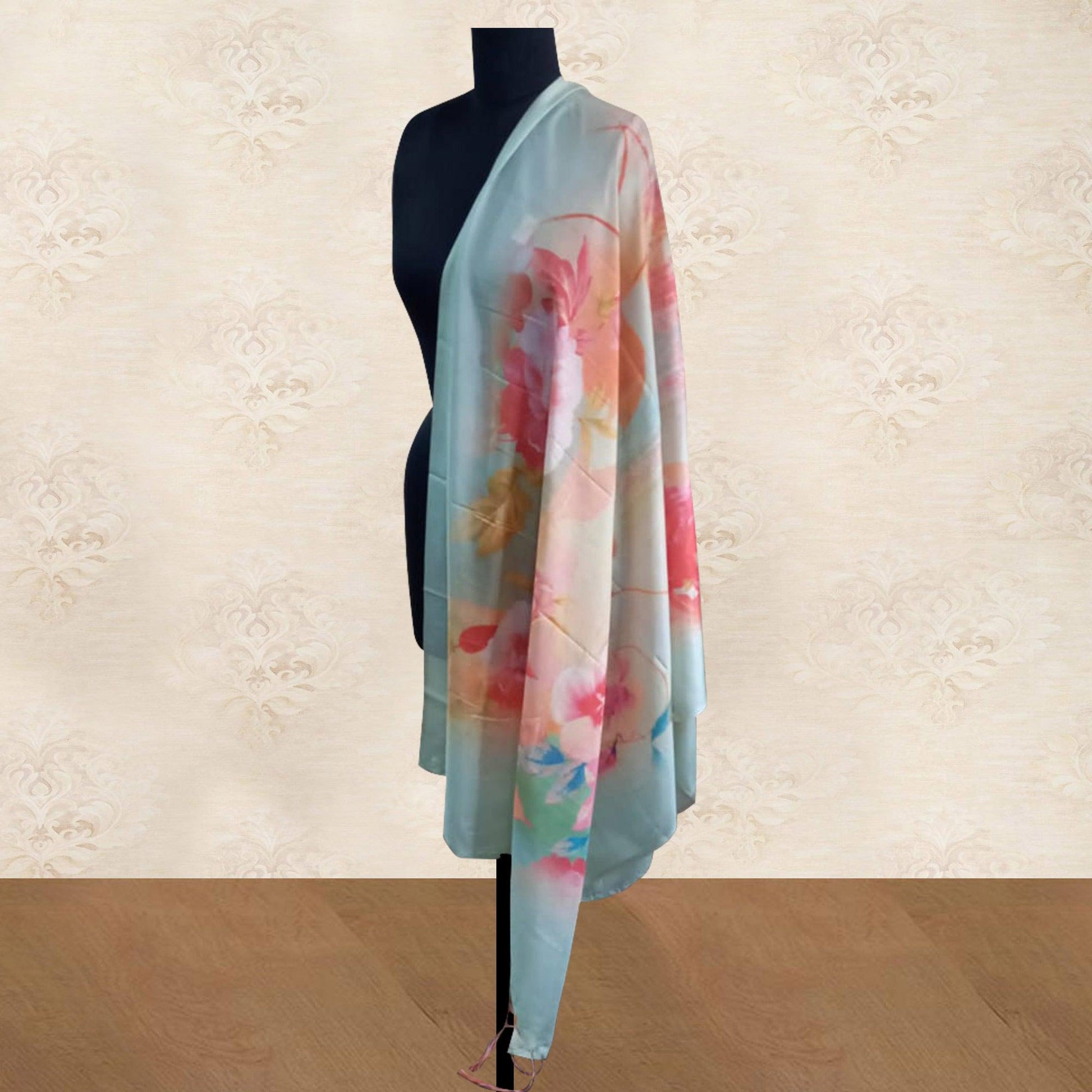 Intricate Blue Colored Casual Wear Floral Digital Printed Tussar Silk Dupatta With Tassels