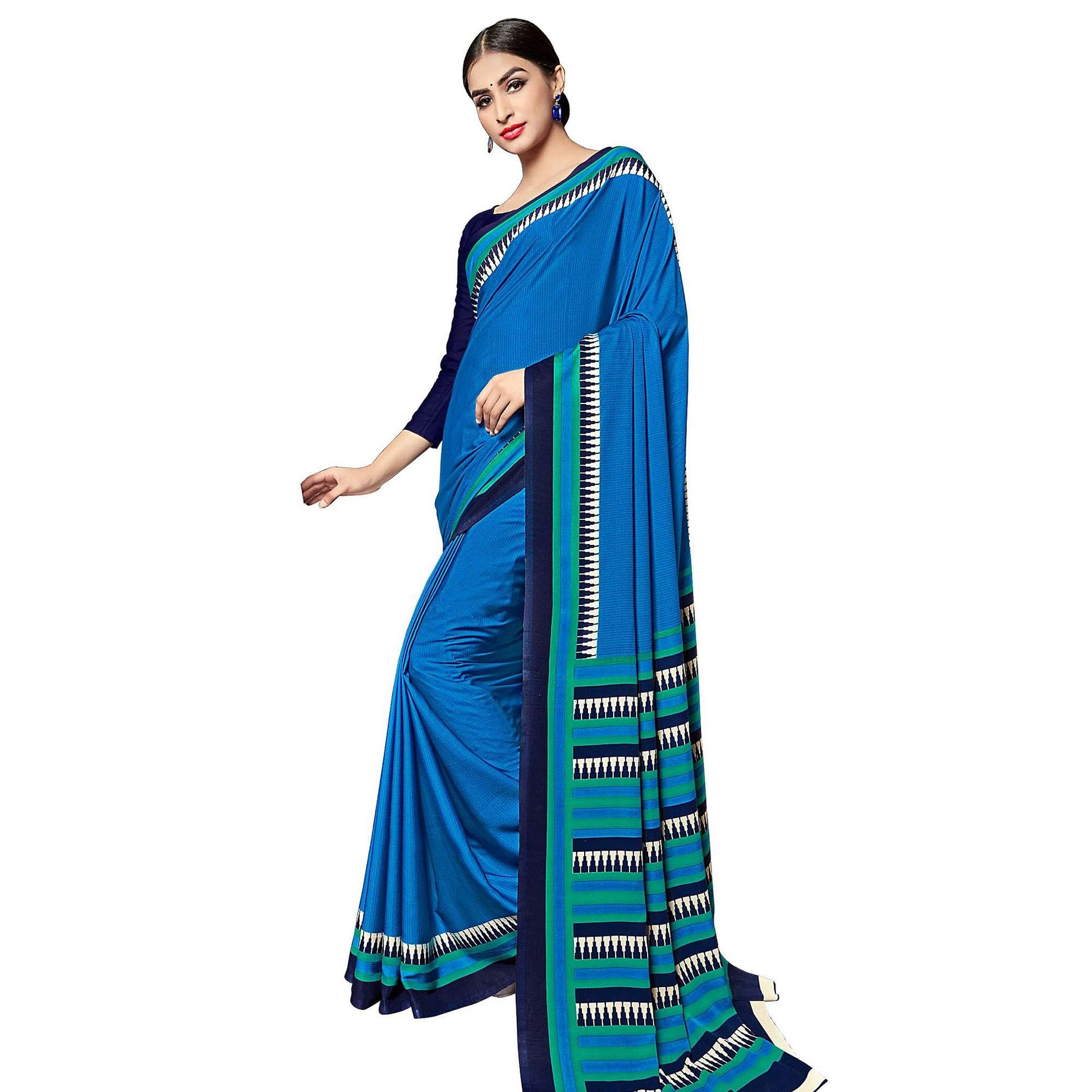 Intricate Blue Colored Casual Wear Printed Crepe Saree