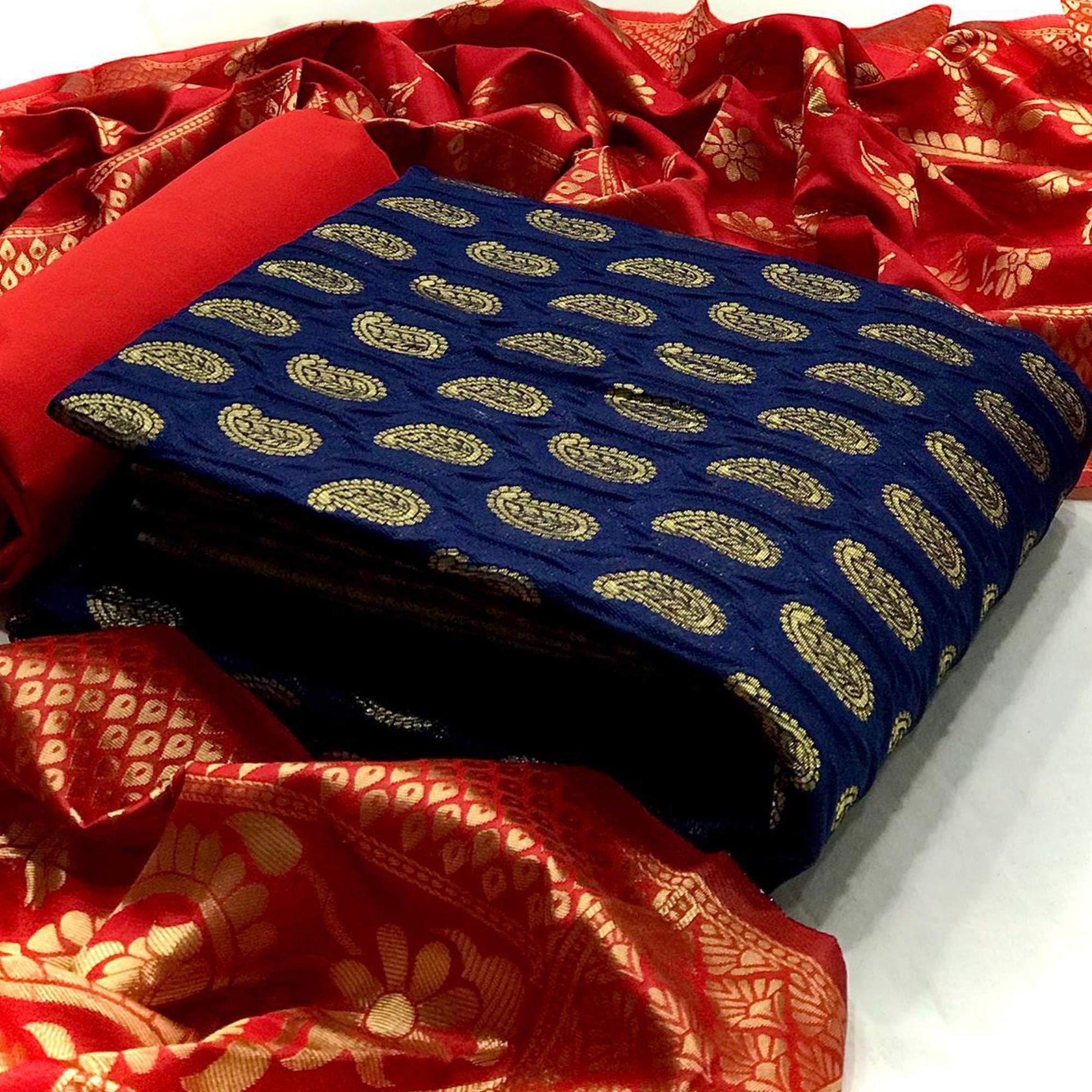 Intricate Blue Colored Casual Wear Woven Banarasi Silk Dress Material