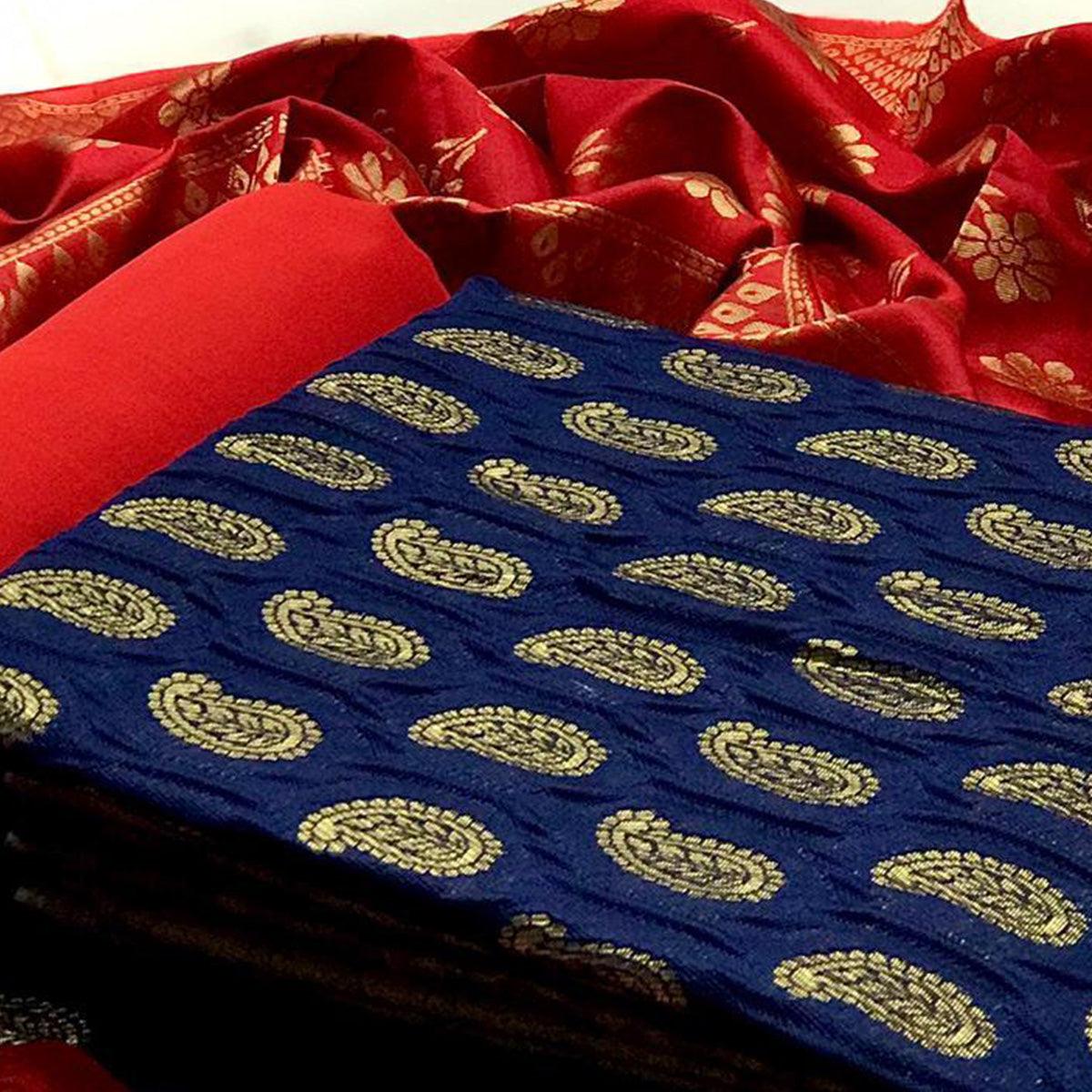 Intricate Blue Colored Casual Wear Woven Banarasi Silk Dress Material
