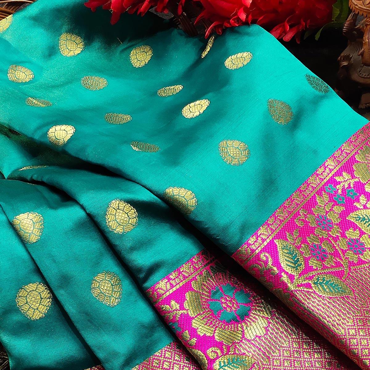 Intricate Blue Colored Festive Wear Woven Kanjivaram Silk Saree