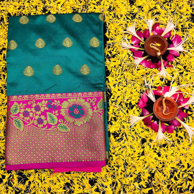 Intricate Blue Colored Festive Wear Woven Kanjivaram Silk Saree