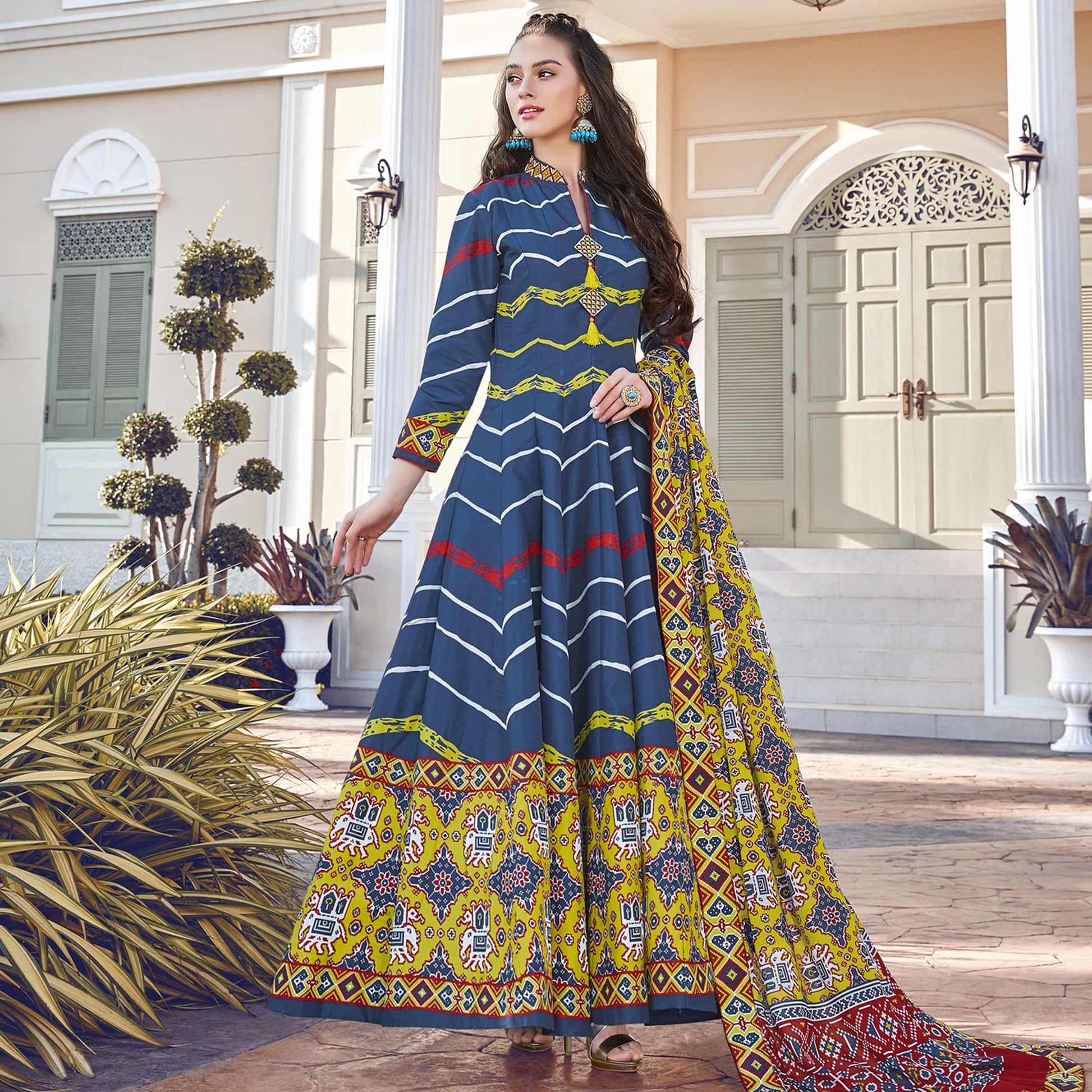 Intricate Blue Colored Partywear Designer Digital Patola Print Killer Silk Anarkali Suit