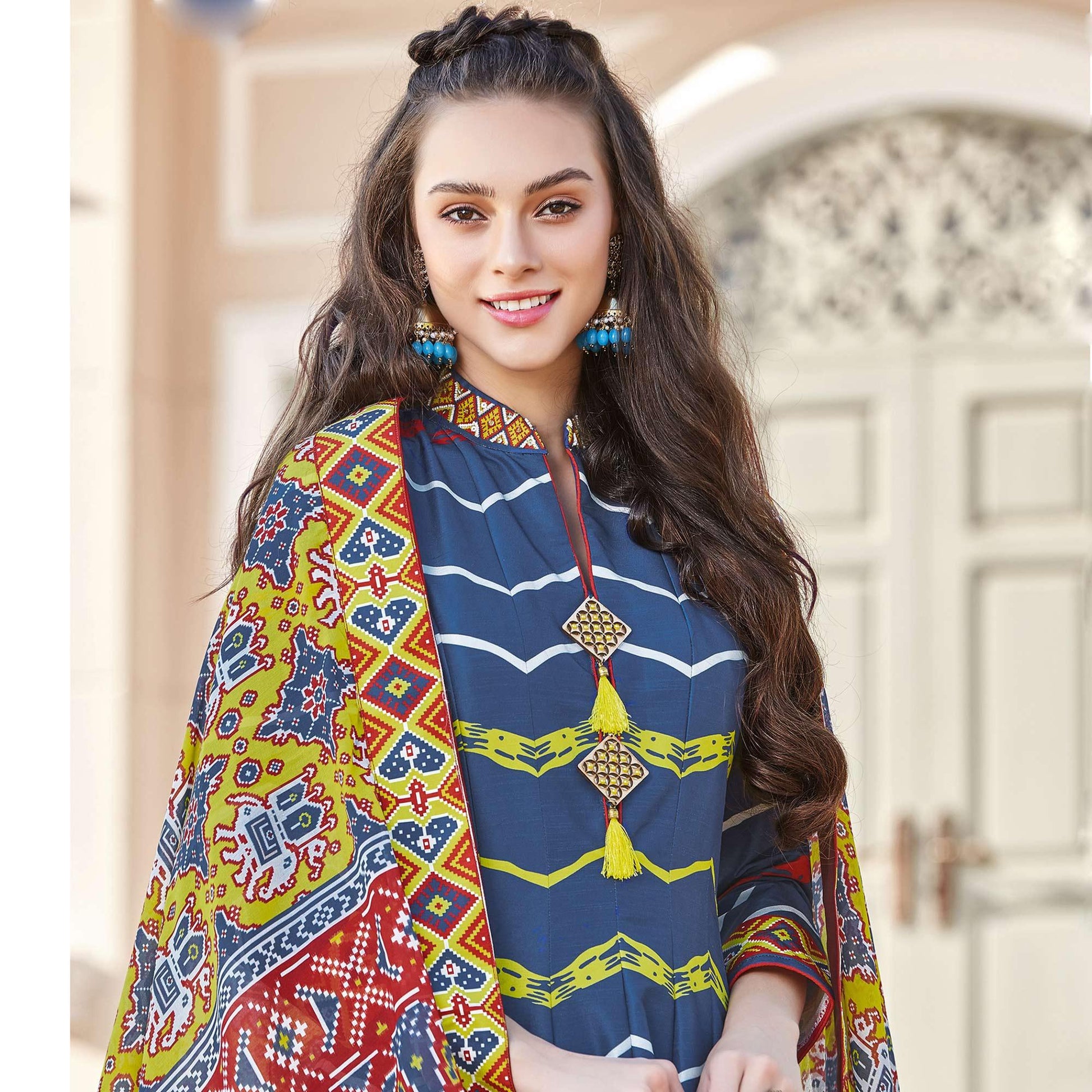 Intricate Blue Colored Partywear Designer Digital Patola Print Killer Silk Anarkali Suit