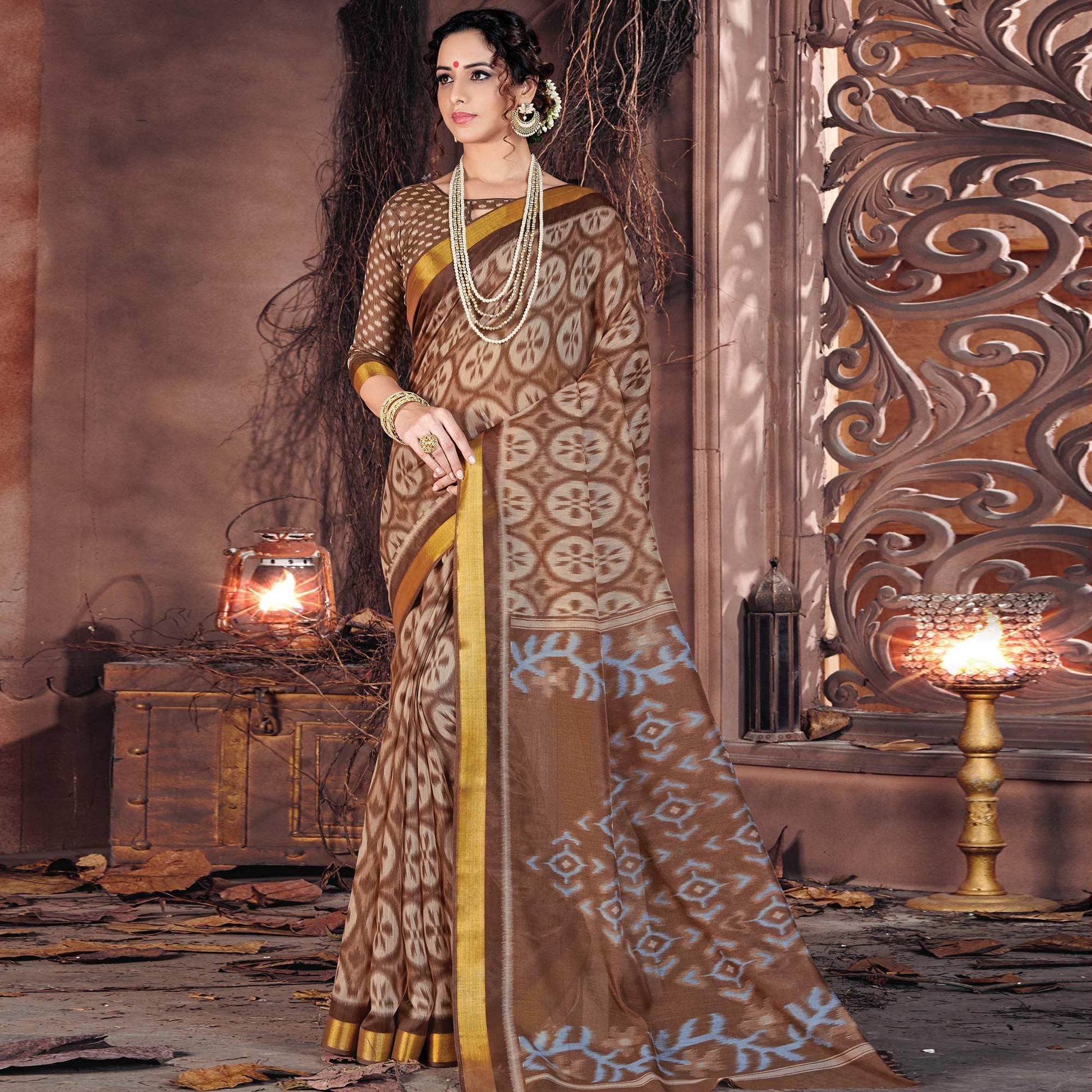 Intricate Brown Colored Casual Wear Printed Cotton Saree