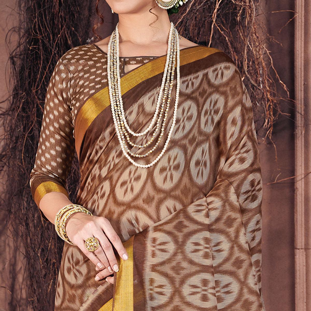 Intricate Brown Colored Casual Wear Printed Cotton Saree