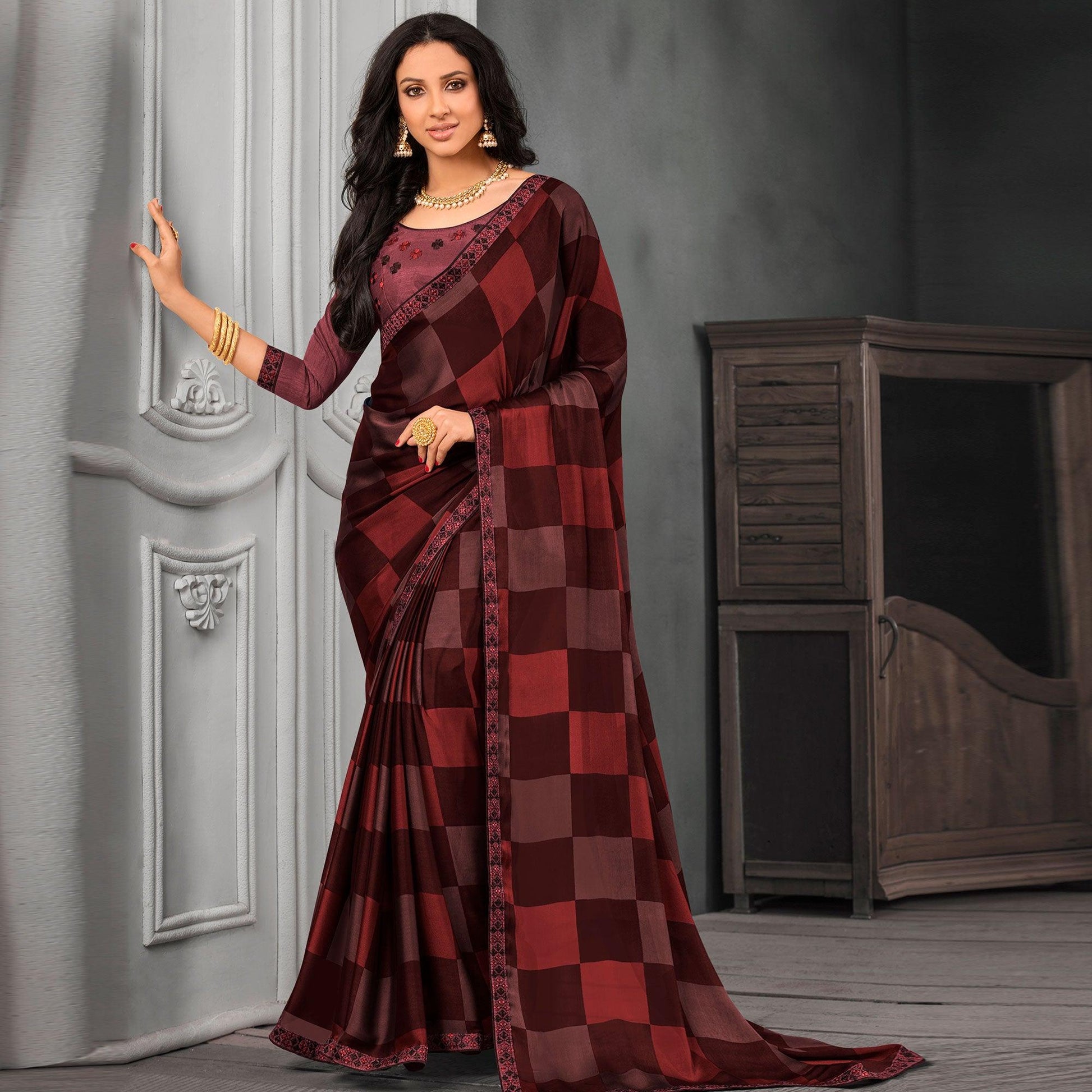 Intricate Brown Colored Partywear Printed Chiffon Saree