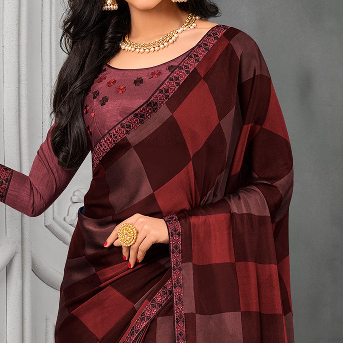 Intricate Brown Colored Partywear Printed Chiffon Saree