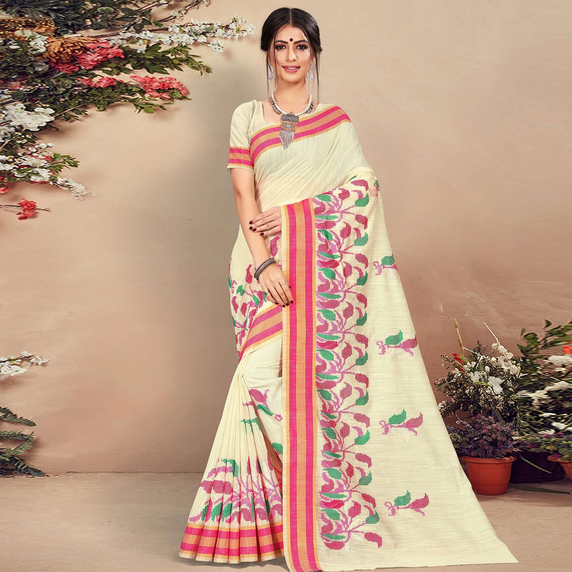 Intricate Cream Colored Casual Wear Floral Printed Cotton Saree
