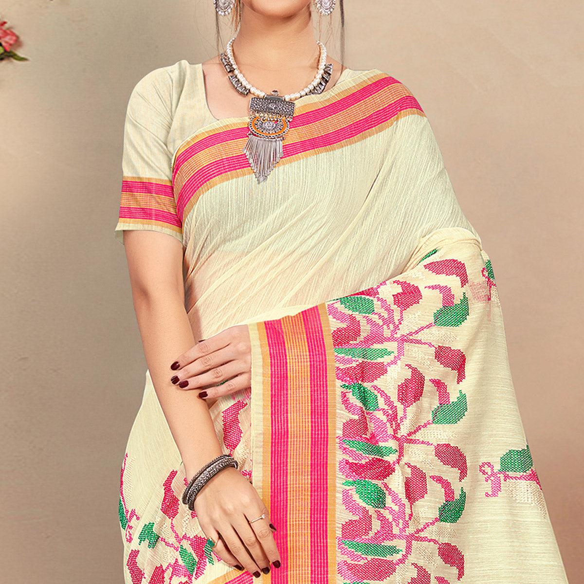 Intricate Cream Colored Casual Wear Floral Printed Cotton Saree