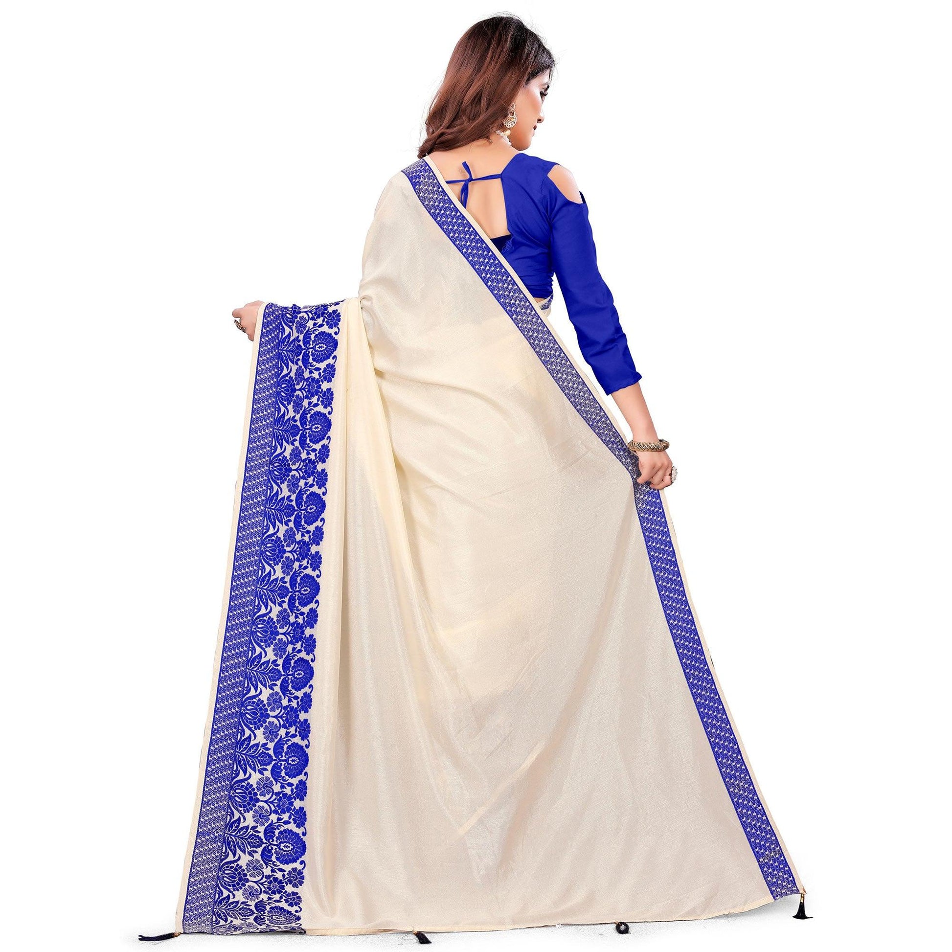 Intricate Cream Colored Festive Wear Woven Art Silk Saree With Tassels