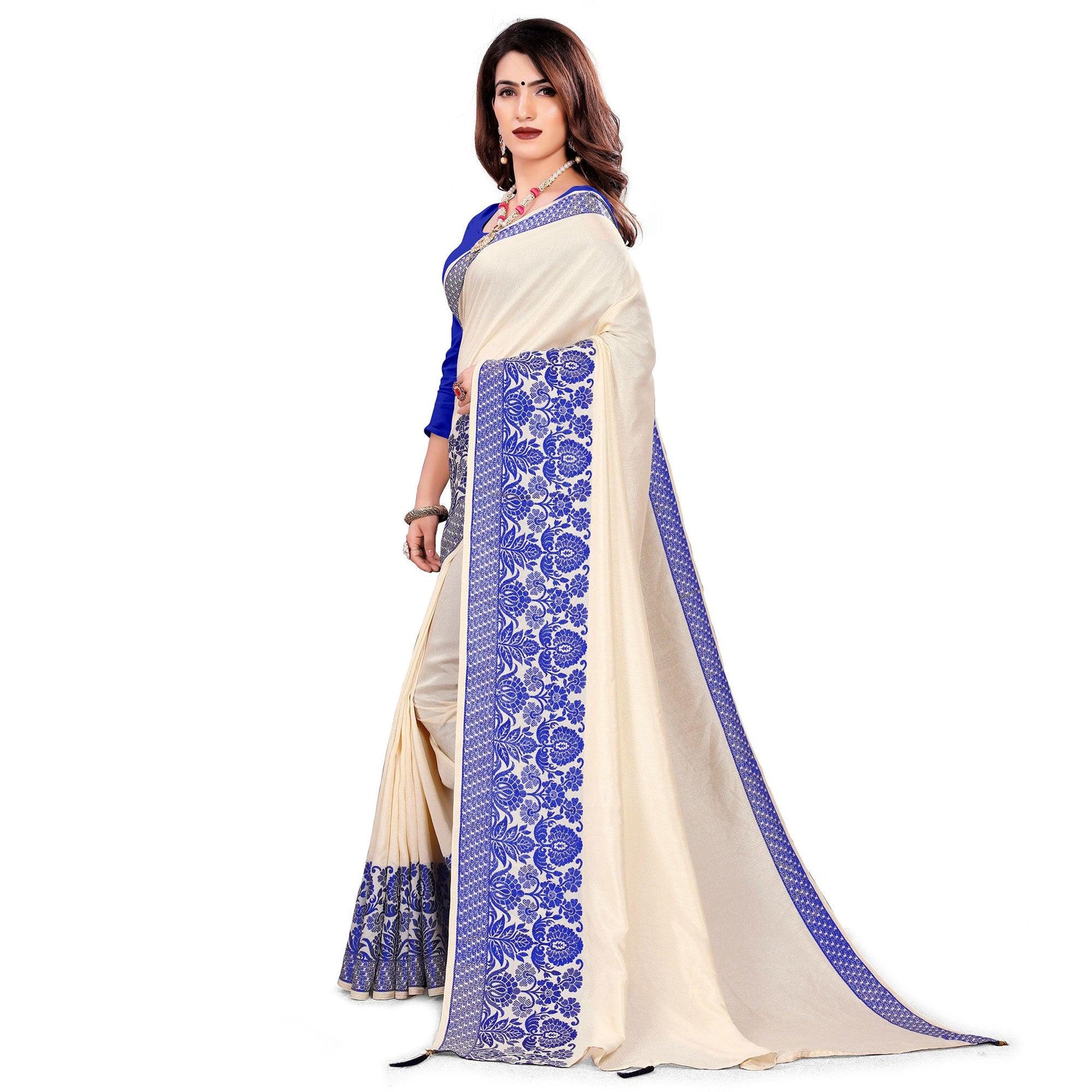 Intricate Cream Colored Festive Wear Woven Art Silk Saree With Tassels