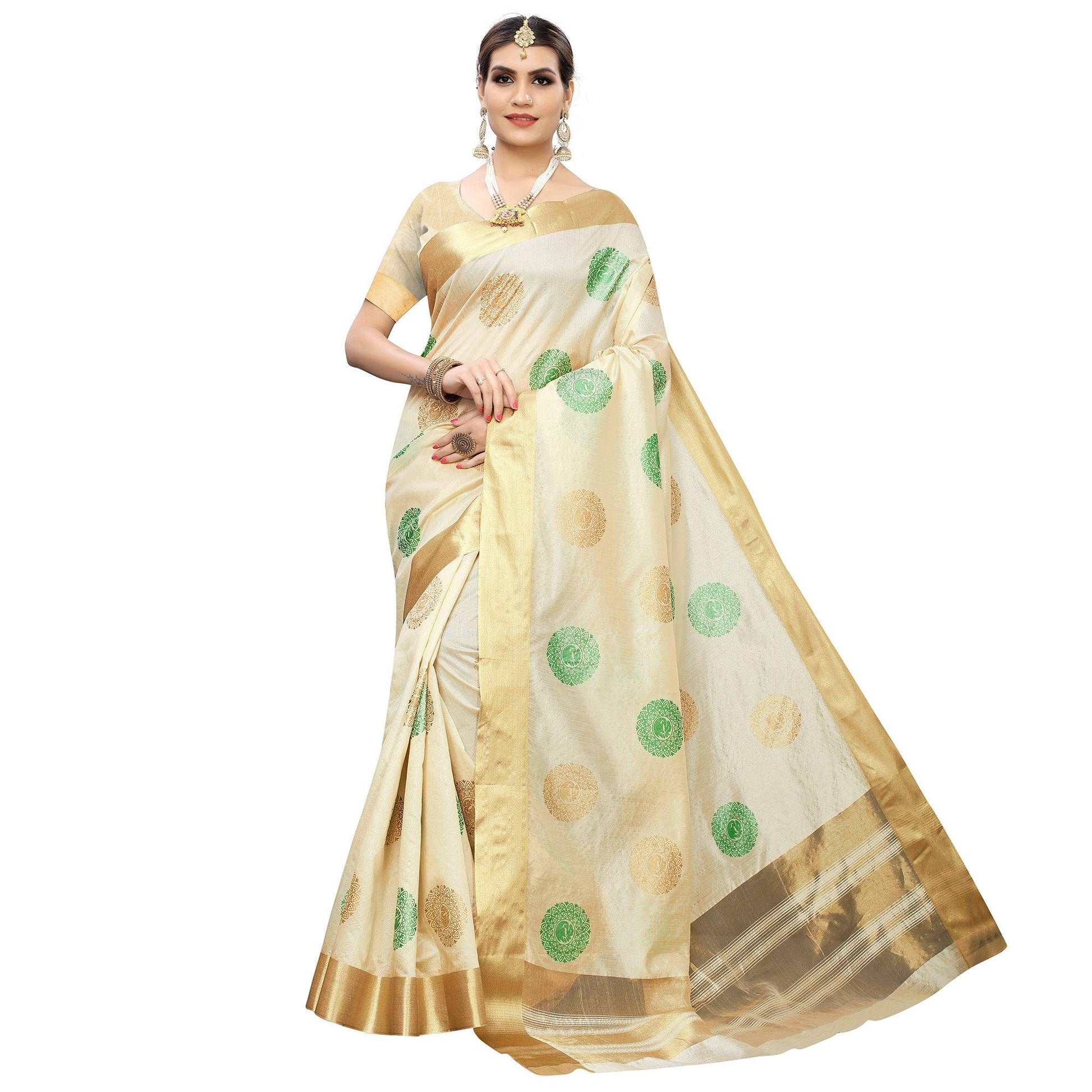 Intricate Cream-Green Colored Festive Wear Woven Cotton Silk Saree