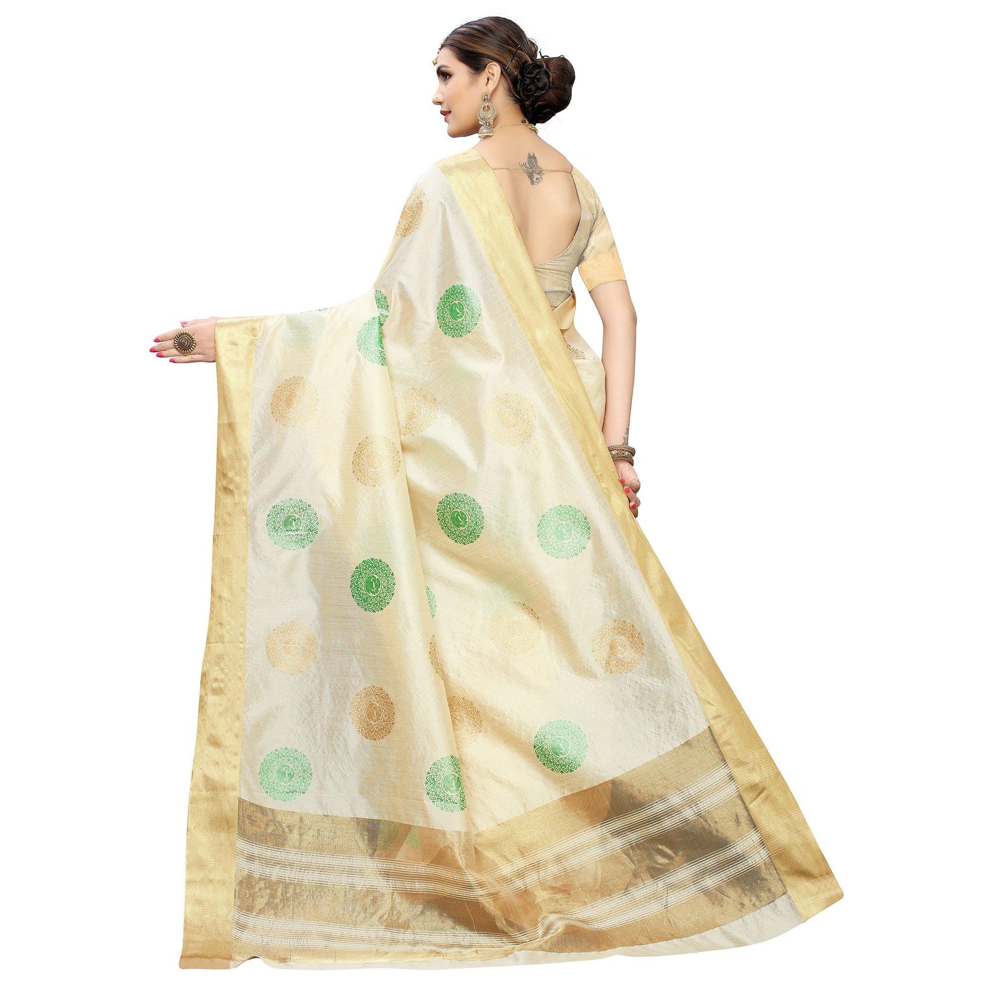Intricate Cream-Green Colored Festive Wear Woven Cotton Silk Saree