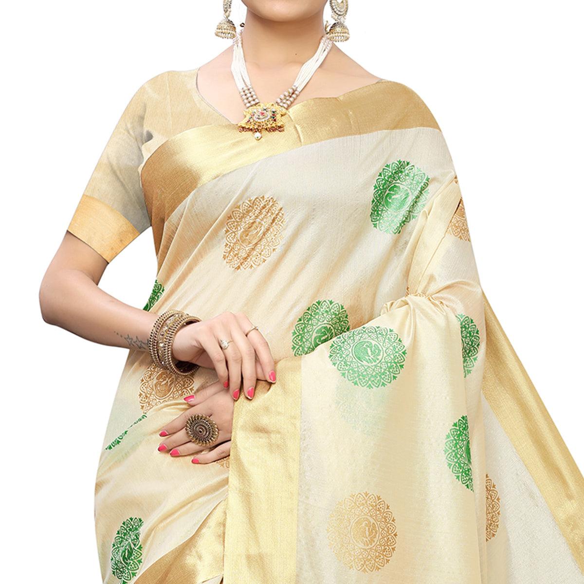 Intricate Cream-Green Colored Festive Wear Woven Cotton Silk Saree