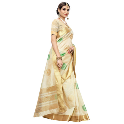 Intricate Cream-Green Colored Festive Wear Woven Cotton Silk Saree