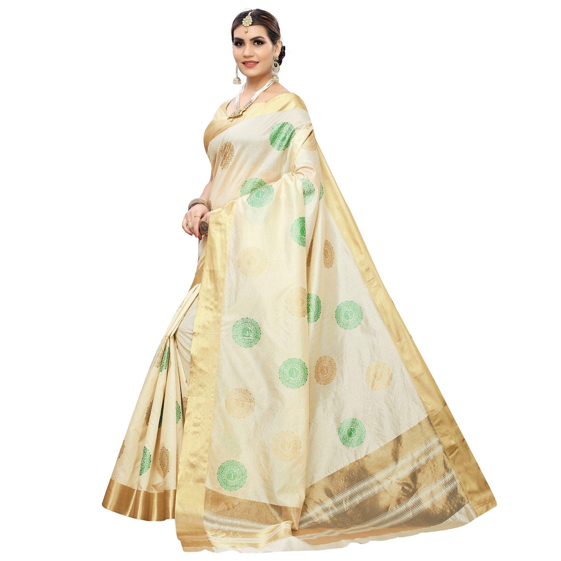 Intricate Cream-Green Colored Festive Wear Woven Cotton Silk Saree