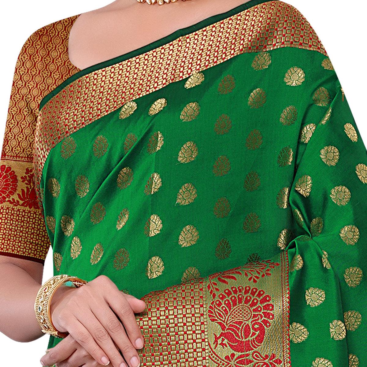 Intricate Dark Green Colored Festive Wear Woven Kota Art Silk Banarasi Saree