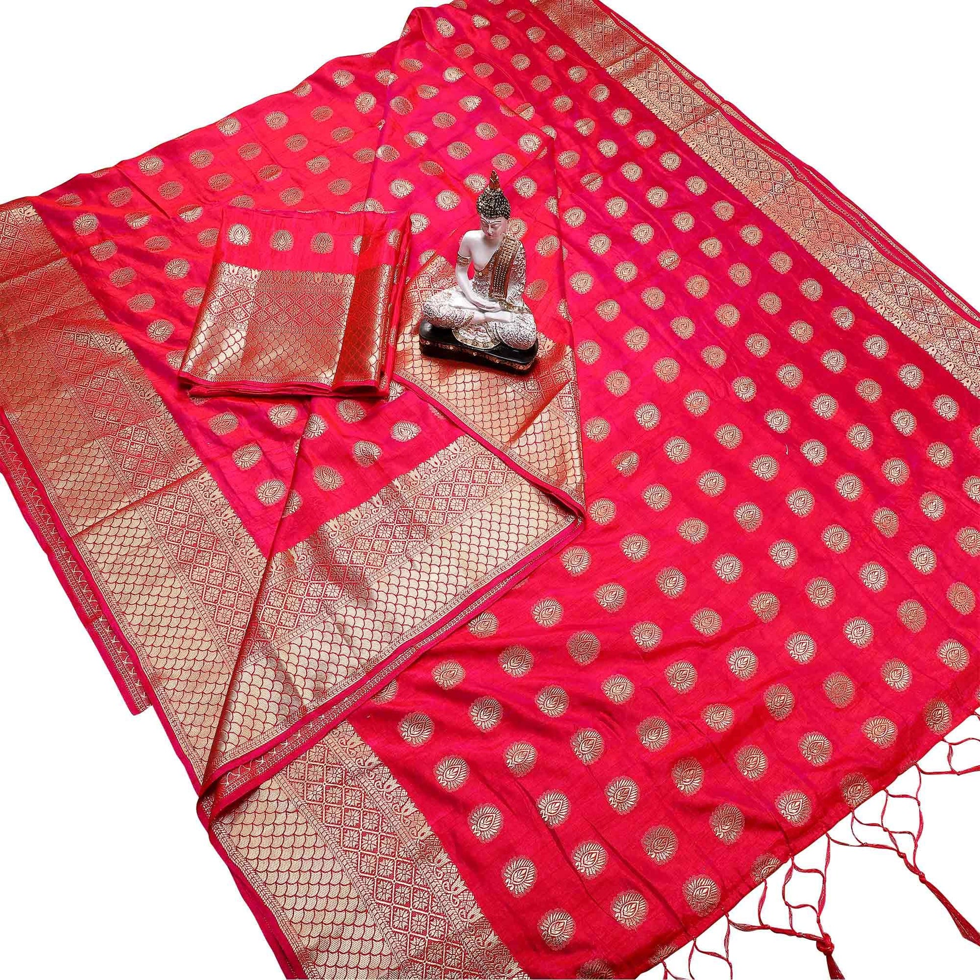 Intricate Deep Pink Colored Festive Wear Woven Banarasi Silk Saree With Tassels