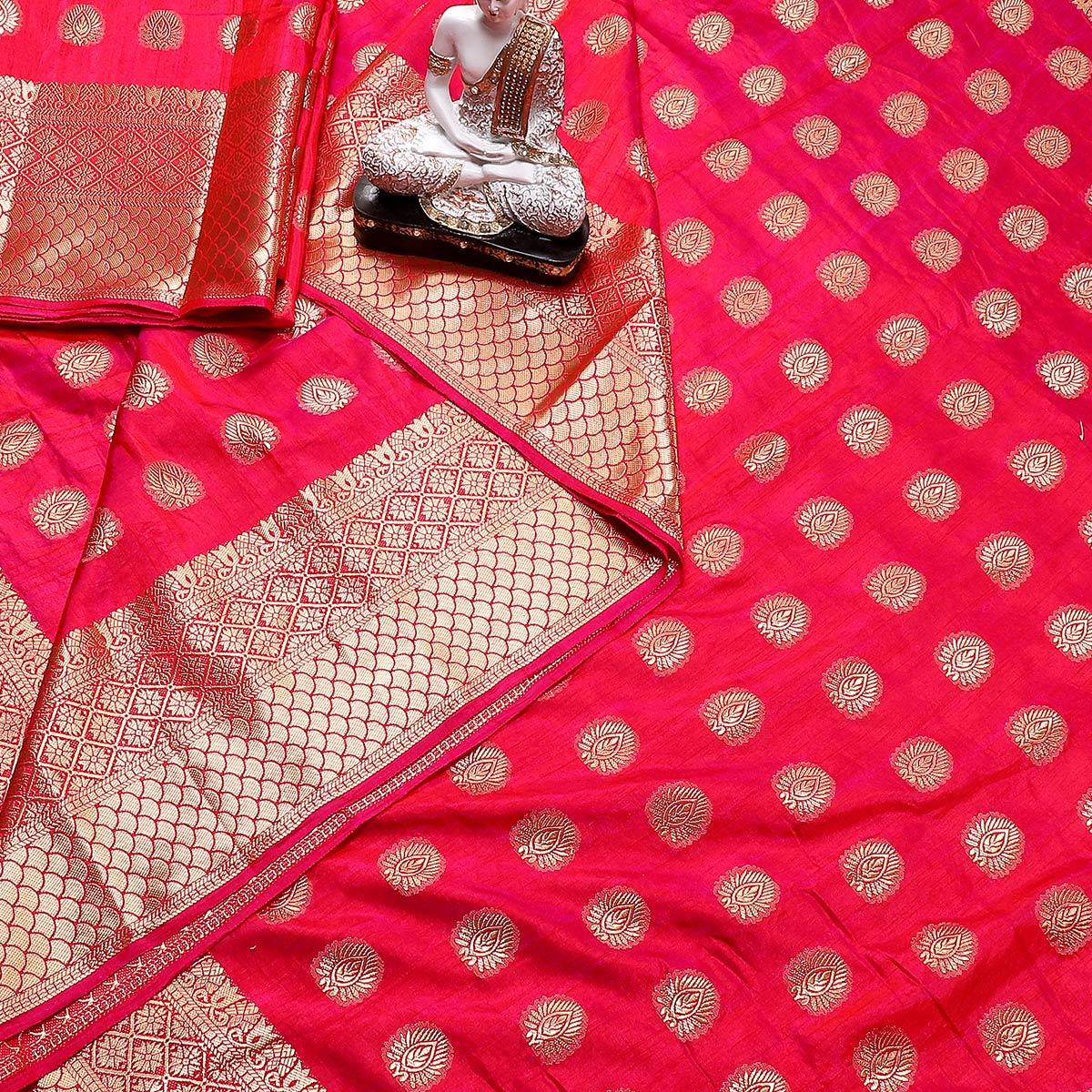 Intricate Deep Pink Colored Festive Wear Woven Banarasi Silk Saree With Tassels