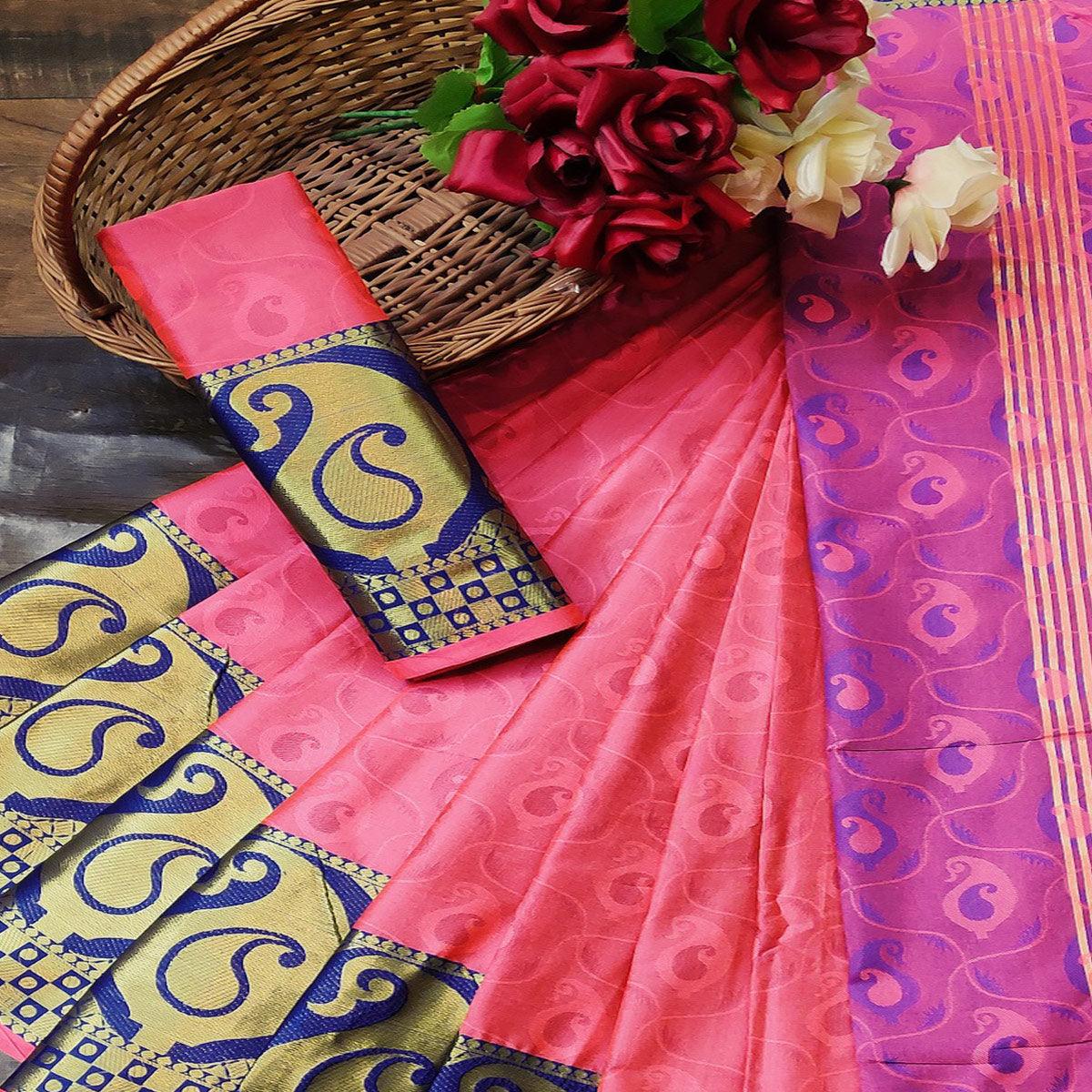 Intricate Gajari Colored Festive Wear Woven Cotton Silk Saree