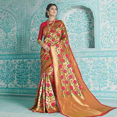Intricate Golden-Red Colored Festive Wear Woven Paithani Banarasi Silk Saree