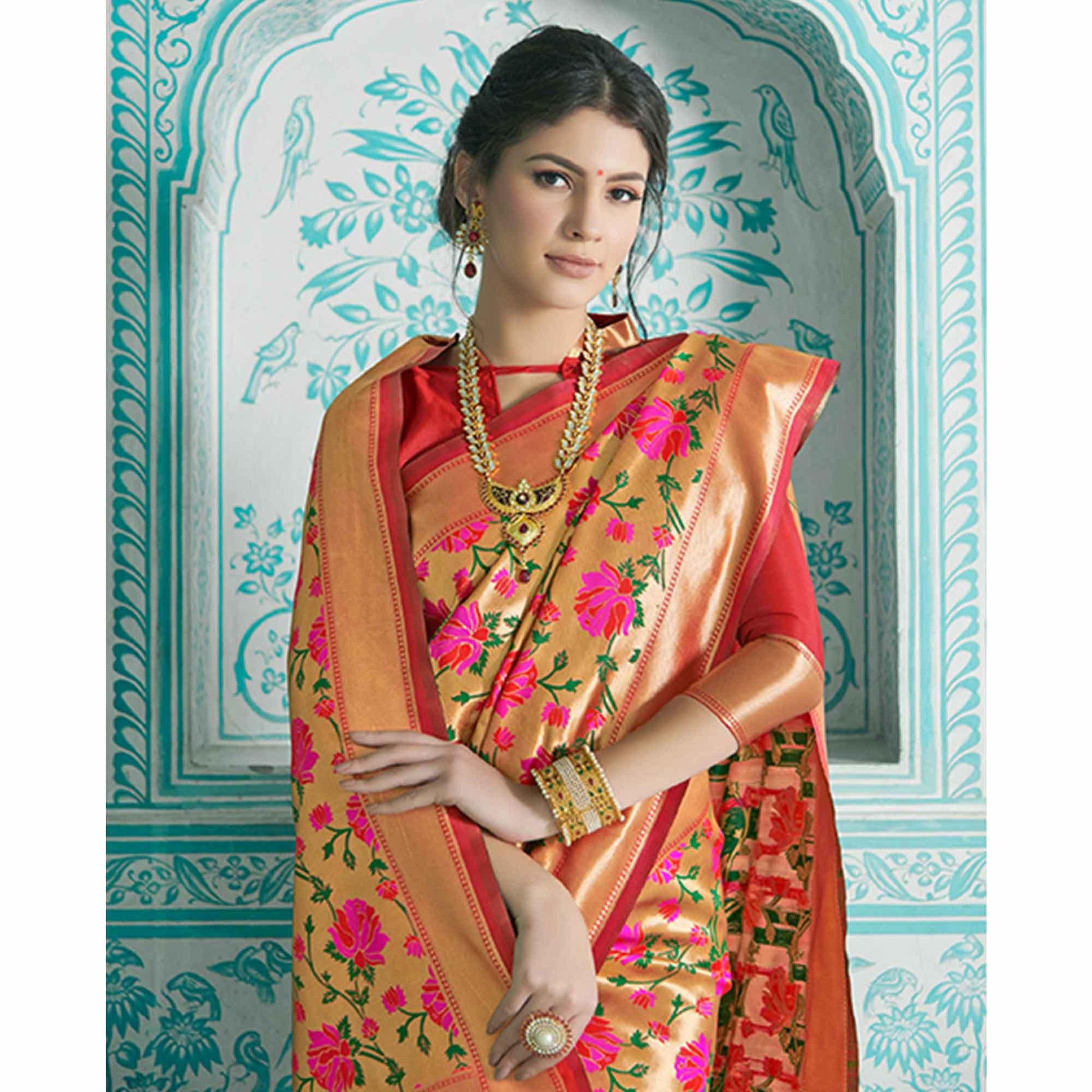 Intricate Golden-Red Colored Festive Wear Woven Paithani Banarasi Silk Saree