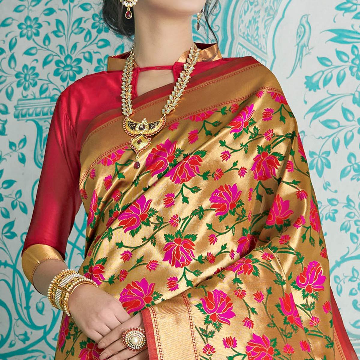 Intricate Golden-Red Colored Festive Wear Woven Paithani Banarasi Silk Saree